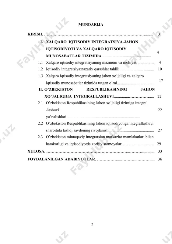 akllanishi va rivojlanishida sanoati yuqori darajada rivojlangan davlatlarning iqtisodiyoti va salohiyati hal qiluvchi ahamiyat kasb etmoqda.ushbu jarayonlarni bilish va mohiyatini tushunib yetish. o’zbekistonning jahon hamjamiyatiga kirib borishini jadallashtirish va xalqaro iqtisodiy aloqalarini kengaytirishning samarali yo’nalishlarini belgilashda amaliy ahamiyatga egadir. respublikamizning birinchi prezidenti i.a.karimov ta'kidlaganidek:«xxiasr shubhasiz, xalqaro munosabatlarda butun dunyo qamrab olinadigan asr bo'ladi. shunday sharoitda integratsiya jarayonini xalqaro institutlar va tashkilotlarda suveren davlatlarning ishtirok etishini kengaytirish jarayonini faqat tarix taqozosi deb emas balki ayrim mintaqalar ko’lamida ham, shuningdek, umuman - butun sayyoramiz ko'lamida ham sobitqadamlik barqarorlikning qudratli omili deb hisoblamoq zarur».bugungi kunda jahon xo'jaligi tizimiga integratsiyalashmay turib, hech bir mamlakat mukammal rivojlana olmaydi. jahon iqtisodiyotida milliy xo'jaliklarning baynalmilallashuvi ishlab chiqaruvchi kuchlar rivojining zaruriy tomonlaridan biri bo’lib, u barcha mamlakatlarni, ular qaysi siyosiy, ijtimoiy iqtisodiy tizimga mansubligidan qat'iy nazar, qamrab oladi. jahon iqtisodiyotining baynalmilallashuvini sifat jihatidan yangi holati (ko'rinishi) - iqtisodiy integratsiyadir. xalqaro iqtisodiy integratsiya jahon mamlakatlari o'rtasida ishlab chiqarish va …