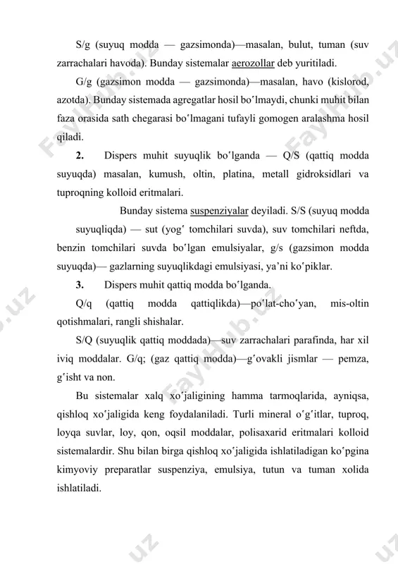 olekulalari bilan dispersion muhit molekulalari orasida bog’lanish juda kuchsiz holda bo’ladi. dispers faza zarrachalari dispersion muhit suyuqligi bilan aktiv bog’lanishga ega bo’lgan dispers tizimlar liofil (gidrofil) kolloid tizimlar deyiladi. liofob kolloidlardan farqli o’laroq, eritmalarda yuqori molekulyar birikmalar (yumb) chegara sirtga ega emas. bundan tashqari, ma’lum erituvchilarda ular o’z - o’zidan ionli stabilizatorsiz eriy oladi. yumb larda chegara sirtining bo’lmasligiga sabab ular molekulalarining uzun zanjirli to’yinmagan uglevodorod yoki aminokislotalar, monosaxaridlardan iboratligidir. yumb ning oson eruvchanligi va ularning barqarorligi bu moddalar tuzilishiga erituvchiga nisbatan moyilligi bo’lgan liofil guruhlarning mavjudligidir. mana shu hossasiga ko’ra kolloid eritmalarni liofob va liofil kolloid tizimlarga bo’lish uchun asos bo’ladi. yumb molekulalari shunday katta o’lchamga ega bo’lgani uchun sust diffuziyalanadi, yarim o’tkazgich membrana orqali o’tmaydi, etarli kontsentratsiyali eritmalarda ham osmotik bosim kam, tashqi ta’sirdan koagulyatsiyalanish va peptizatsiyalanish xususiyatiga ega. bu hossalar tipik kolloid tizimlar uchun xos bo’lgani sababli yumb kolloid tizimlar turiga kiradi. yumb va ular eritmalarining hossalari …