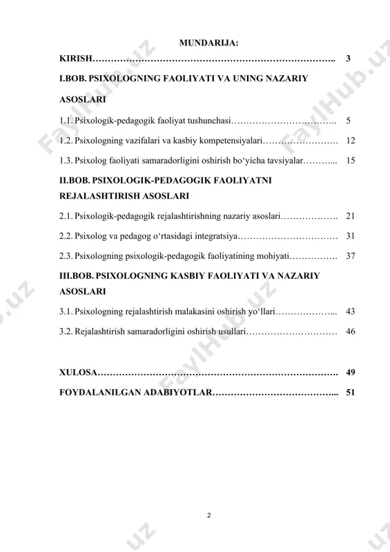 ish, samarali rejalashtirish usullarini aniqlashdan iborat. shu maqsadni amalga oshirish uchun quyidagi vazifalar belgilangan: psixologning kasbiy faoliyati va funksiyalarini tahlil qilish; psixologik-pedagogik faoliyatni rejalashtirish prinsiplari va metodlarini o‘rganish; psixologik tashxis va baholash vositalarini aniqlash; amaliy tadqiqotlar asosida psixologik-pedagogik rejalashtirish samaradorligini oshirish bo‘yicha tavsiyalar ishlab chiqish. ob’ekti – psixologning psixologik-pedagogik faoliyati, predmeti esa – ushbu faoliyatni rejalashtirish jarayonidagi nazariy va amaliy jihatlar hisoblanadi. bitiruv malakaviy ishining maqsadi:psixologning psixologik-pedagogik faoliyatini rejalashtirishning nazariy va amaliy asoslarini o‘rganish, shuningdek, samarali rejalashtirish usullarini aniqlash va ularni amaliy faoliyatda qo‘llash yo‘llarini ishlab chiqish. bitiruv malakaviy ishining vazifasi:psixologning kasbiy faoliyati va funksiyalarini tahlil qilish; psixologik-pedagogik faoliyatni rejalashtirish prinsiplari va metodlarini o‘rganish; psixologik tashxis va baholash vositalarini aniqlash; amaliy tadqiqotlar asosida psixologik-pedagogik rejalashtirish samaradorligini oshirish bo‘yicha tavsiyalar ishlab chiqish. bitiruv malakaviy ishining ob’ekti:psixologning psixologik-pedagogik faoliyati. bitiruv malakaviy ishining predmeti:psixologning faoliyatini rejalashtirish jarayonidagi nazariy va amaliy jihatlar, shuningdek, rejalashtirish samaradorligini oshirish usullari. bitiruv malakaviy ishining amaliy ahamiyati:ta’lim muassasalarida psixologik-pedagogik …