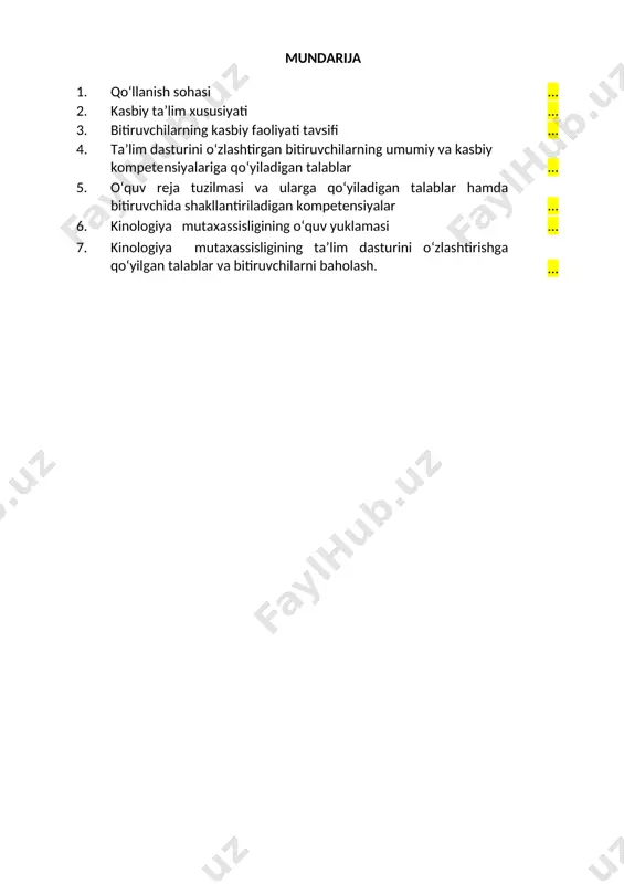 urslarida malakani oshirishi; kasbiy faoliyatning tegishli sohasida yanada yuqoriroq malakaga erishish maqsadida oliy ta’lim muassasasida o‘qishni davom ettirishi mumkin. 2.4. o‘qishga qabul shartlari. o‘qishga qabul shartlari amaldagi qonunchilik asosida amalga oshiriladi. 3. bitiruvchilarning kasbiy faoliyati tavsifi 3.1. bitiruvchining kasbiy faoliyat sohasi: xizmat itlarini boshlang‘ich bosqichdan, ya’ni o‘rgatuvchi bilan it orasidagi munosabatni tiklash xizmat itini biror yo‘nalishda o‘rgatishgacha bo‘lgan usullarni o‘rganish. 3.1. bitiruvchining kasbiy faoliyat ob’yektlari: 3.1.1. kinolog kvalifikatsiyasi bo‘yicha: umumiy va maxsus o‘rgatish maydonchasi; giyohvand moddalar ; portlovchi moddalar; o‘q - dori vositalari; biologik zaharlovchilar; hid singdirilgan jihozlar; me’yoriy hujjatlar. 3.1.2. xizmatchi itlar yetrishtirish yo‘riqchisi kvalifikatsiyasi bo‘yicha: umumiy va maxsus o‘rgatish maydonchasi; it ozuqalari volerlar; me’yoriy hujjatlar. 3.2. 40810804 – kinologiya kasbi bo‘yicha ta’lim oluvchi quyidagi faoliyat turlariga tayyorlanadi: 3.2.1.kinolog kvalifikatsiyasi bo‘yicha: o‘rgatuvchi bilan it orasidagi munosabatlarni o‘rgatish; o‘rgatuvchining it bilan aloqa o‘rnatishi; itlar xulq-atvori haqida umumiy tushinchaga ega bo‘lish; itlarni o‘rgatishda alohida yondashuv usullarini bilish; itlarni zotlari va turlariga …