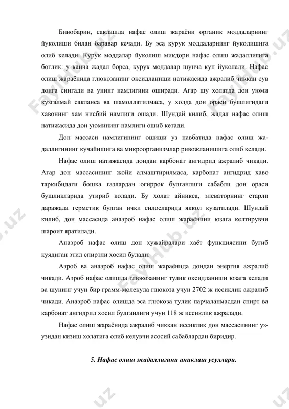 температурадан сунг доннинг нафас олиш жадалли​ги заифлашиб бирга бошка хаётий функциялар секинлашади, хужайра​лар улади ва дон нобуд булади. в) доннинг нафас олиш жадаллигига хавонинг таъсири. дон массасига кирган хаво хам унинг табиатига ва нафас олиш жадаллигига таъсир килади. урни алмаштирилмай узок муддатда сакланётан донда со2 йигилиб, кислород микдори камайиб кетади. текширишлар шуни курсатадики, саклашда карбонат ангидриднинг энг куп микдори силоснинг урта кисми, яъни 10...15 м чукурликда​ги кисмида тупланар экан. омборлардан эса бу холат томдан 1,5-3 м чукурликда юзага келади. кислороднинг етишмаслиги ва карбонат ангидриднинг куплиги факат намлиги катта булган донларгагина нобуд килдирувчи таъсир курсатади. аммо курук донга хатто кислороднинг умуман йуклиги ва со2 катта микдори хам узок вакт таъсир килмайди. бу холат шу би​лан тушунтириладики, курук доннинг нафас олиш жадаллиги жуда ки​чик ва унинг хужайраларида спирт хосил булмайди. саклашда хаво киритмай 15...20 с хароратда хар хил намликка эга булган буг​дой донининг кукариш энерги​яси​нинг камайиши. 1-намлик 11,3%; 2-14,32%; 3-16,45%; 4-19,55%; 5-22%. …