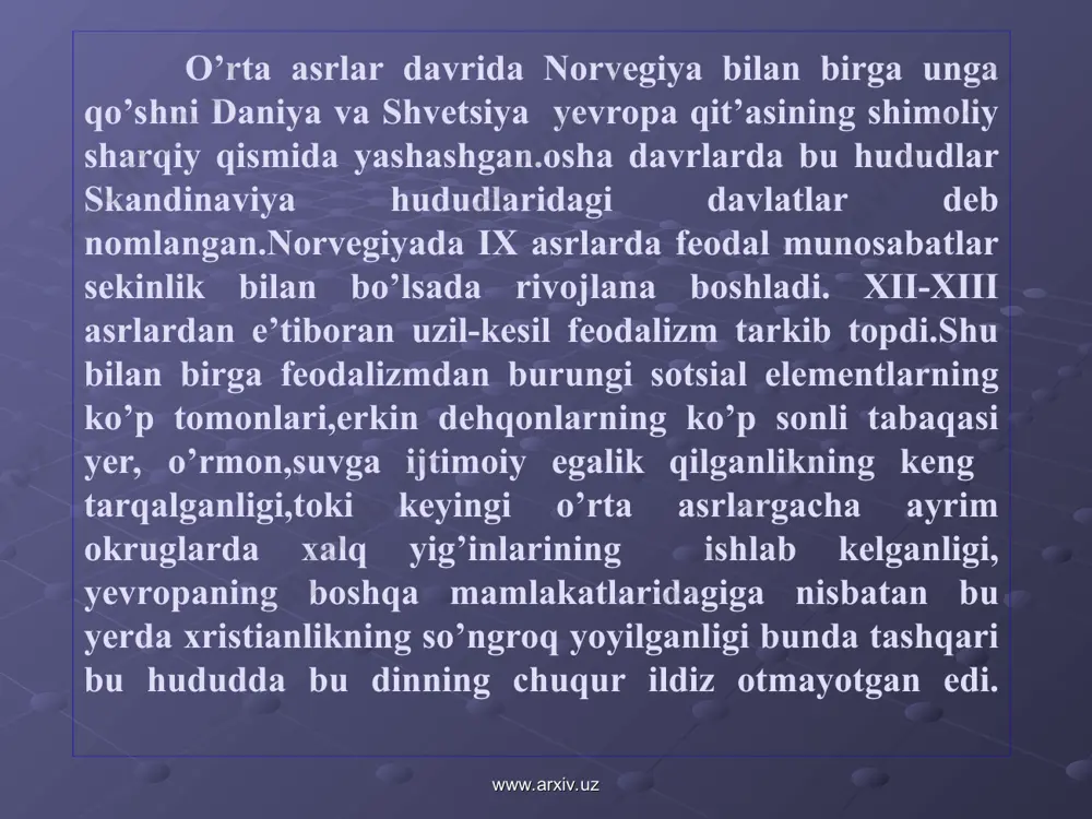 mi mo`tadil okean iqlimi shimolda esa subarktik iqlim hukmron. mamlakat daryolarga boy diyarli hammasi sersuv lekin qisqa. norvegiyada ko`llar soni 200 mingdan ortiq.shimoliy kenglikda 70% shimolida va cho`qqilarda tundra o`rmonlari janubda esa tayga o`rmonlari janubining eng yuqori nuqtasida keng bargli o`rmonlari joylashgan. www.arxiv.uz www.arxiv.uz norvegiyaning siyosiy va iqtisodiy qoloqligidan foydalanib daniya gigmonligi ostida katta shimoliy fedrativ davlati tuzmoqchi shimoliy fedratsiya davlati xar xolda rasmiy jixatdan ancha uzoq vaqt 1397-1523 yil yashadi norvegiya quroli gokan vi ning xotini bo'lgan margarita 1375 yili d aniya tarixiga voldimart iv vafot etganidan so'ng o'z o'g'li olafni saylashtirishga muofaq bo'ldi. www.arxiv.uz www.arxiv.uz www.arxiv.uz iqtisodi, transport kommupikatsiya.shri. xar xil tabiiy resurslarga boy bo‘lgan norvegiya iktisodi erkin tadbirkorlik va xukumat nazorati ostida rivojlanadi. sanoatining muxim tarmoklari: neft va gaz, bundan tashkari. ozik-ovkat ishlab chikarish, iyellyuloza-kog‘oz. metallurgiya, kimyo, yog‘ochni kayta ishlash, kemasozlik xam yaxshi rivojlangan. norvegiya dunyoning juda ko‘plab mamlakatlariga balik va balik maxsulotlarini eksport kiluvchi yirik davlat-lar …