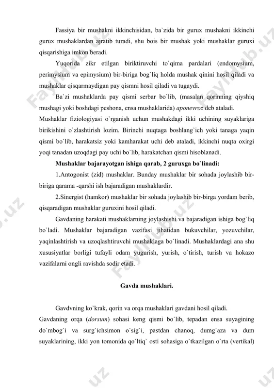 n ensa suyagining do`mbog`i va surg`ichsimon o`sig`i, pastdan chanoq, dumg`aza va dum suyaklarining, ikki yon tomonida qo`ltiq` osti sohasiga o`tkazilgan o`rta (vertikal) chiziq (linia axillaris media) gavdani oldingi va orqa sohasiga bo`lishidan hosil bo`ladi. gavdaning orqa mushaklari joylashishiga qarab ikki guruxga: orqaning yuza va chuqur mushaklariga bo`linadi. orqaning yuza mushaklari. orqaning yuza mushaklari quyidagilar: trapesiyasimon, orqaning serbar mushagi, rombsimon va kurakni ko`taruvchi mushaklar. bular gavdadan boshlanib qo`l suyaklariga va yelka kamari suyaklariga birikadi. 1.trapesiyasimon mushak (m.trapezius) ensa suyagi do`mbog`idan pastga qarab bo`yin ko`krak umurtqalarining o`tkir o`simtalaridan ikki yonga qarab, yo`naladi va ko`krakning yelka o`sig`i (akromion)ga birikadi. o`ng va chap tomondagi uchburchak shakldagi mushaklar qo`shilib trapesiya shaklini anglatadi. vazifasi: ko`krakni yuqoriga ko`taradi, ikkala kurakni umurtqaga yaqinlashtiradi va boshni oraga yozadi. 2.orqaning serbar mushagi (m. latissiumus dorsi). gavdaning pastki qismida pastki ko`rak va barcha bel umurtqalarining o`tkir o`simtalaridan boshlanib, mushak tolalaridan orqadan oldinga, yuqoriga va qo`ltiq sohasiga qarab yo`naladi, yelka suyagining proksimal …