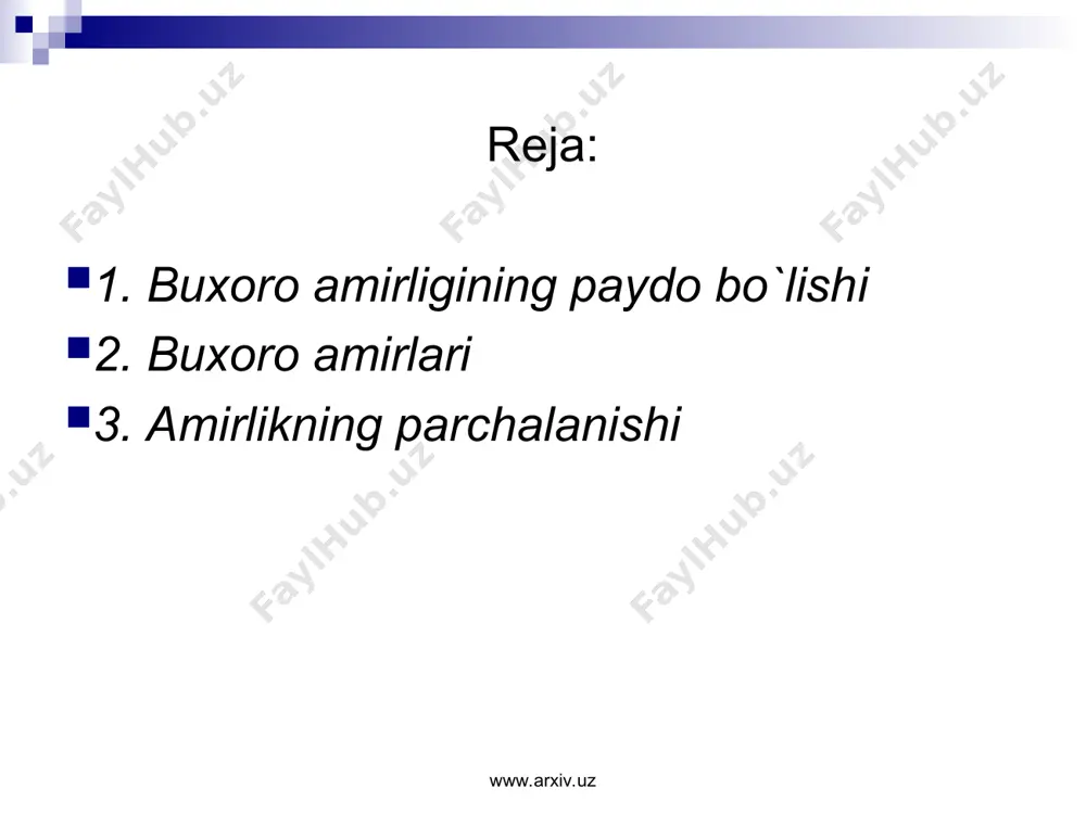 ab qolishga erishdi. www.arxiv.uz www.arxiv.uz . amir haydar (1800-1826yy.) otasidan so'ng taxtga o'tirgan vaqtda butun mavorounnahr uning hukmiga bo'ysinar edi. haydarning taxtga ko'tarilishi ommaviy qo'zg'olonlar va qatllar bilan to'g'ri keldi. 1800 yil marv turkmanlari bosh ko'tarishdi. ichki janjallarga ko'p o'tmasdan qo'qon bilan o'ratepa uchun urush qo'shildi. haydar ushbu shaharni tasarrufida saqlab qolishga muvaffaq bo'ldi. amir haydar davrida siyosiy tizim yakka hokimiyatchilik tomon intilayotgan markazlashgan monarxiyadan tashkil topgan edi. amirga 4 ming kishigacha yetadigan byurokratik mahkama xizmat qilardi. armiyaning miqdori oshdi. faqat buxoroning o'zida 12 ming harbiydan iborat qo'shin turardi. ahmad donishning yozib qoldirishicha, amir haydar boshqaruv vaqtiga "har 3-6 oyda yuzaga keladigan to'xtovsiz feodal urushlar davri" deya baho berish mumkin. www.arxiv.uz www.arxiv.uz haydardan so'ng taxtga uning o'g'li nasrullo (1826-1860yy.) o'tirdi. unga hokimiyat sari yo'l ochish maqsadida akalari husayn va umar o'ldirildi. armiya va ruhoniylarga suyangan nasrullo zodagonlarni jilovlash maqsadida feodal tarqoqlikka qarshi qat'iy kurash olib bordi. hukmronligining birinchi oyida u …