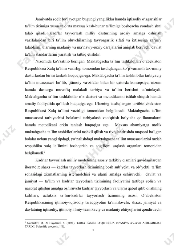 ayyorlash tizimi tuzilmasi va uning faoliyat ko‘rsatish muhitini o‘z ichiga oladi; fan yuqori malakali mutaxassislar tayyorlovchi va ulardan foydalanuvchi, ilg‘or pedagogik va axborot texnologiyalarini ishlab chiquvchi; ishlab chiqarish kadrlarga bo‘lgan ehtiyojni, shuningdek ularning tayyorgarlik sifati va saviyasiga nisbatan qo‘yiladigan talablarni belgilovchi asosiy buyurtmachi, kadrlar tayyorlash tizimini moliya va moddiy-texnika jihatidan ta’minlash jarayonining qatnashchisi. davlat va jamiyat uzluksiz ta’lim va kadrlar tayyorlash tizimi barcha uchun ochiq bo‘lishini va hayot o‘zgarishlariga moslashuvchanligini ta’minlaydi. o‘zbekiston respublikasi tomonidan inson huquqlari, ta’lim, bola huquqi sohasidagi shartnomalar va konventsiyalarning bajarilishi, kadrlar tayyorlash sohasida jahon ilg‘or tajribasini hisobga olish uzluksiz ta’lim va kadrlar tayyorlash tizimining barcha jihatlariga daxldor bo‘lib, uning rivojlanishi omillaridan biridir. kadrlar tayyorlash milliy modelining о’ziga xos xususiyati mustaqil ravishdagi tо’qqiz yillik umumiy о’rta hamda uch yillik о’rta maxsus, kasb-hunar ta’limini joriy etishdan iboratdir. bu esa, umumiy ta’lim dasturlaridan о’rta maxsus, kasb-hunar ta’limi dasturlariga izchil о’tilishini ta’minlaydi. umumiy ta’lim dasturlari: maktabgacha ta’lim, boshlang‘ich ta’lim (i-iv …