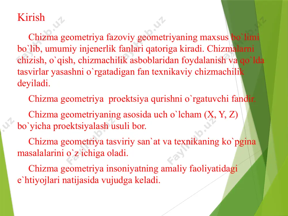 yasi [sc) n p= c - fazodagi c nuqtaning markaziy proeksiyasi. agar d nuqtani fazoda emas, balki p proeksiyalar tekisligiga icgishli deb olsak, u holda uning markaziy proeksiyasi d o'zi bilan p proeksiyalar tekisligiga ustma - ust tushadi ya'ni (•)d g p=> d = d. a, b, c, d nuqtalar - p tekislikka xos nuqtalardir. agar fazoda k nuqtani shunday tanlab olsakki undan o'tuvchi proeksiyalovchi nur proeksiyalar tekisligi p ga parallel bo'lsa, k nuqtaning proeksiyasi nazariy jihatdan cheksizlikda bo'ladi. [sk) ii p => [sk) n p = k oo k nuqta p tekislikka tegishli bo'lmagan nuqtadir. xulosa qilib aytganda markaziy proeksiyalash usuli tasviriy san'atda (dizaynda), arxitektura - qurilish (perspektiva) chizmalarini loyihalashda keng qo'llaniladi. markaziy proyeksiyalash usuli b) parallel proeksiyalash usuli. agar proeksiyalovchi nurlar o'zaro parallel bo'lsa, bunday proeksiyalash parallel proeksiyalash deb ataladi. bu usulda proeksiyalash markazi cheksizlikda deb faraz qilinib, s proeksiyalovchi nur yo'nalishi beriladi (2 - chizma). [aa) ii …