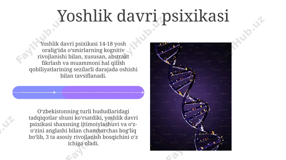 lig'ida kuzatiladigan kognitiv rivojlanishi, filogenezdagi neandertallar davridagi asbobsozlikning murakkablashuvi bilan parallelliklarni namoyon etadi. inson miyasining 100 milliarddan ortiq neyronlari va ularning ulanishlari, filogenezning millionlab yillar davomida shakllanishi va ontogenezdagi individual rivojlanish jarayonining murakkab o'zaro bog'liqligidan dalolat beradi. individual farqlar va psixik rivojlanish психолингвистика соҳасидаги 2023 йилдаги тадқиқотлар, самарқанд вилоятидаги она тилини ўрганиш жараёнида лексик бойлигининг психик ривожланишга таъсирини кўрсатди. 12-15 ёшли ўсмирларда ўз-ўзини англаш ва шахсий идентификация жараёнларининг ўзбекистоннинг турли минтақаларидаги мактаб ўқувчилари ўртасидаги тафовутларини кўрсатувчи маълумотлар мавжуд. qarilik davri psixikasi қарилик давридаги шахсларда эмоционал барқарорликни сақлаш учун 5-10 кишилик гуруҳлардаги ижтимоий фаолият ва мулоқот, шу жумладан, тошкент шаҳридаги махсус марказлардаги дастурлар муҳим аҳамиятга эга. қарилик даврида (65 ёшдан кейин) когнитив функцияларнинг пасайиши кузатилади, бу эс тутиш, диққат ва мураккаб муаммоларни ҳал этиш қобилиятига таъсир қилади, бу эса нейронлар сонининг камайиши билан боғлиқ бўлиши мумкин. psixik rivojlanishning bosqichlari 7-11 yosh oralig'ida bo'ladigan konkret operatsiyalar bosqichi, vygotskiyning yaqin rivojlanish zonasiga mos …