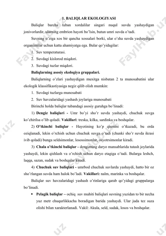 yashovchi karp, karas, som, lin, sterlyad va boshqalar. · litoral – baliqlar. chuqurlik baliqlari bularni rangi muhit qanday rangda bo’lsa bular ham shu rangda bo’ladi. ba’zilari esa suv ostida qumda, balchiqqa kirib ketadi. · baliqlarning jinsiy etilishi – turlariga qarab turli yoshlarda kuzatiladi. masalan: hamsa baliida 1 yoshda, karp simon va okunsimonlarda 3-4 yoshda, osyotr va sevryuga 10-15 yoshga, beluga 14-17yoshda hatto 20yoshda kuzatiladi. bizning sharoitimizda yashaydigan chuchuk suv baliqlarning ko’p qismi yilning iliq faslida ikra tashlaydi bundan (cho’rtak - erta bahorda, nalim-qishda) mustasnodir. ikra tashlash vaqti kelganda baliqlarda anchagina o’zgarishlar seziladi, ularning rangi o’zgaradi, tanasining ba’zi qismlarida o’zgarish yuz beradi. masalan: garbushada ikra tashlash vaqtida tanada kumush-qo’nir, qora dolar hosil bo’ladi. ko’pgina baliqlar o’rchishdan oldin uzoq uzoq masofalarni bosib o’tadi. 2. baliqlar migratsiyasi baliqlar migrastiyasi uch xil bo’ladi asosan. 1. o’rchish migrastiyasi - bunda baliqlar o’rchish uchun dengizdan daryoga, ba’zilari esa daryodan dengizga chiqadi. ba’zi baliqlar jumladan tipik dengiz …