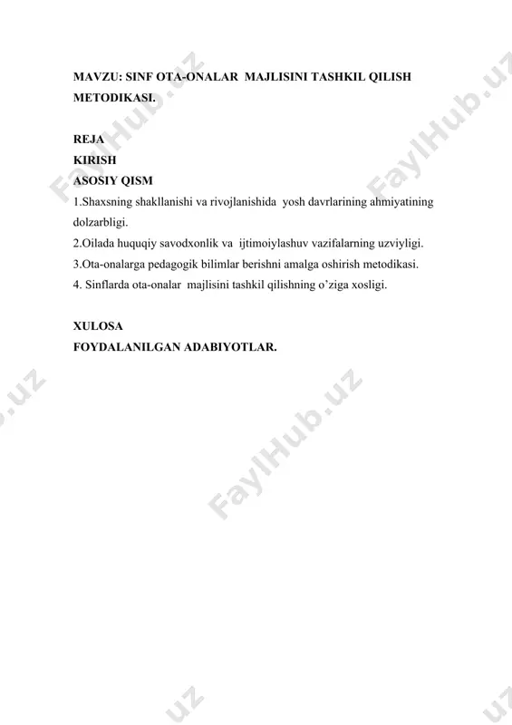 hish kerak. mustaqil o’zbekiston respublikasining milliy istiqlol mafkurasini mustahkamlovchi yangicha munosabat maktab – ota-onalar yosh avlodning tarbiyasiga zarurdir. kurs ishining maqsadi: sinf ota-onalar majlisini tashkil qilish metodikasi ilmiy-nazariy jihatdan asoslash. kurs ishining ob’ekti: umumta’lim maktablarining boshlang’ich sinf ota-onalar majlisini tashkil qilish metodikasini o’rganish. kurs ishining predmeti: sinf ota-onalar majlisini tashkil qilish metodikasining vazifasini mazmuni,shakli, vosita va metodlari. kurs ishining vazifalari: 1.mavzuga doir tibbiy, pedagogik, psixologik adabiyotlarni taxlil qilish va umumlashtirish. 2 sinf ota-onalar majlisini tashkil qilish metodikasi orqali ijtimoiy pedagogik muammolar, farzand tarbiyasidagi o’ziga xoslikini o’rganish. 3.bo‘lajak boshlang’ich sinf o’qituvchilarini bolalar bilan ishlashga tayyorlash. 4. sinf ota-onalar majlisini tashkil qilish metodikasi orqali o’zaro ijobiy munosabatlarni shakllantirish yo’llari. tadqiqotning metodologik asoslari: o’zbekiston respublikasi konstitutsiyasi, o’zbekiston respublikasining “ta’lim to’g’risida”gi qonuni, “oila kodeksi”, “oila maktab, jamoatchilik hamkorligi konsepsiyasi”, o’zbekiston respublikasi prezidenti sh.m.mirziyoyevning 2017 yil 7-fevral kungi farmoni bilan 2017-2021-yillarda o‘zbekistonni rivojlantirishning beshta ustuvor yo‘nalishi bo‘yicha harakatlar strategiyasi, prezidentning malakali kadrlar tayyorlash, ishlab chiqarishni …
