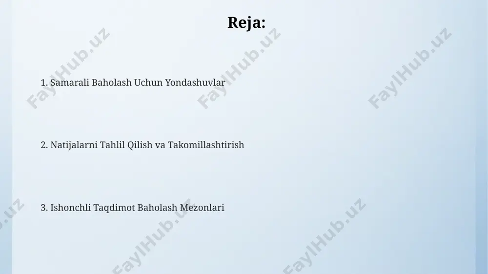 h, yakuniy baho hisoblashni soddalashtiradi va tushunarli natijalarga olib keladi. taqdimot davomida kuzatish тақдимот давомида аудиториянинг 70% дан ортиқ қисми диққат билан тинглаётганлигини кузатиш, бу тақдимотнинг самарадорлигини баҳолашда муҳим кўрсаткич ҳисобланади. аудитория саволларига жавоб бериш жараёнида тақдимотчининг 90% дан ортиқ саволларга аниқ ва тўлиқ жавоб бериши унинг тайёргарлиги ва билим даражасини кўрсатади. тақдимотчи томонидан 5 тадан ортиқ визуал воситалар (график, диаграмма, сурат)дан фойдаланилиши унинг тушунарлилигини оширади, буни кузатиш ва баҳолаш лозим. feedback berishning samarali usullari har bir tinglovchidan kamida 2 ta konstruktiv tanqid olish va ularni umumlashtirish orqali yakuniy bahoni shakllantirish tavsiya etiladi. mulohazalarni strukturaviy tahlil qilish (masalan, 4 ta asosiy qismga ajratish va har bir qismga alohida baho berish) feedback sifatini oshiradi. fikr-mulohazalarni 3-5 ball shkalasi bo‘yicha baholash ob’ektivlikni ta’minlaydi va har bir mezon bo‘yicha aniq ball qo‘yish imkonini beradi. ishonchli baholash uchun maslahatlar har bir slaydning mazmuni va dizayni uchun aniq mezonlar (masalan, 5 balldan 3 ball) belgilang …
