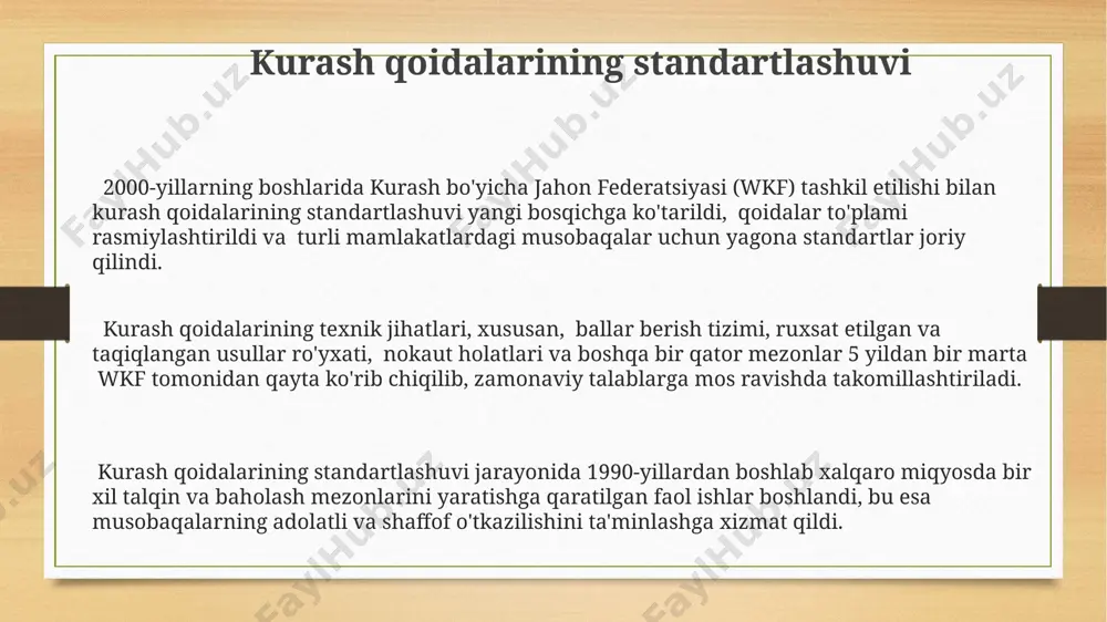y kurash qoidalarida passiv kurash uchun jazolar, masalan, ogohlantirish yoki ochkolarni olish, aniq belgilangan va hakamlar tomonidan qat'iy qo'llaniladi. zamonaviy kurash qoidalarida 2017-yildan boshlab, o'zgarishlar kiritildi, jumladan, ballarni hisoblash tizimi va ruxsat etilgan texnika turlari aniqroq belgilangan. xalqaro kurash federatsiyasi (fik)ning ta'siri fik, 20 dan ortiq mamlakatda kurashning rivojlanishiga yordam berib, milliy federatsiyalarni qo'llab-quvvatlash orqali texnik mutaxassislarni tayyorlash va hakamlarni sertifikatlash dasturlarini amalga oshirdi. fik tomonidan tasdiqlangan kurash qoidalarining 5 ta asosiy bo'limi mavjud bo'lib, ular zarbalar, ushlab turish, tashlash va boshqa texnik harakatlarni aniq va tushunarli tarzda belgilaydi, bu esa musobaqalarning adolatli o'tishiga yordam beradi. fikning ta'siri ostida kurash qoidalari 2000-yillardan boshlab xalqaro standartlarga moslashtirildi, bu esa musobaqalarning o'tkazilishini va baholash mezonlarini bir xil darajada o'rnatishga olib keldi. sovet davridagi kurash sovet davrida kurashning 1930-yillardan boshlab sport turi sifatida rivojlanishiga alohida e’tibor qaratildi va bir qancha respublika miqyosidagi musobaqalar tashkil etildi. sovet davrida kurashning 6 ta asosiy uslubi aniqlanib, …