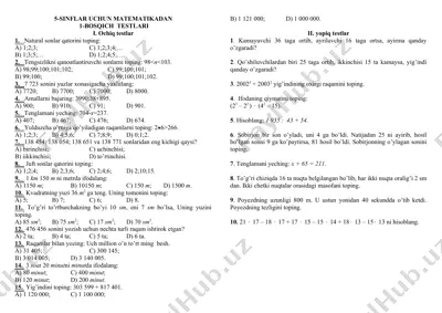 5-sinflar uchun matematikadan bosqich testlari — DOC