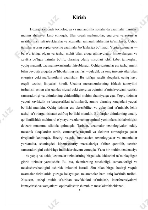 zimlarini yaratishga asos bo‘ladi. i. yopiq va ochiq uzatmalar asosiy tushunchalari va farqlari yopiq va ochiq uzatmalar ishlash me'zoni texnologik va muhandislik sohalarida muhim ahamiyatga ega bo‘lib, ularning asosiy tushunchalari va farqlari aniq va to‘g‘ri tushunishni talab qiladi. bu me'zoni uzatmalar tizimlarining ishlash prinsiplari, xavfsizlik, samaradorlik va moslashuvchanlik kabi muhim jihatlarni o‘z ichiga oladi. yopiq va ochiq uzatmalar ishlash me'zoni haqida to‘liq tushuncha berish uchun, avvalo, ularning ta’riflari va asosiy xususiyatlarini aniqlash muhimdir. yopiq uzatmalar ishlash me'zoni, odatda, yopiq va muhrlangan jarayonlar yoki tizimlar asosida ishlaydi. bu tizimlarda uzatmalar yo‘llari yoki kanalizatsiyalari yopiq bo‘lib, tashqi muhit bilan aloqasi cheklangan yoki umuman mavjud emas. bu holatda, signallar yoki energiya tashish jarayonlari tashqi aralashuvlardan himoyalangan bo‘ladi. yopiq uzatmalar ko‘pincha xususiy xavfsizlik, yuqori ishonchlilik va muhit muhofazasi uchun ishlatiladi. masalan, kabellar va trubkalar orqali energiya yoki ma'lumotlar uzatiladigan tizimlar, shuningdek, muhrlangan mexanik uzatmalar bu toifaga kiradi. ularning asosiy afzalliklari xavfsizlik darajasi yuqori bo‘lishi, …