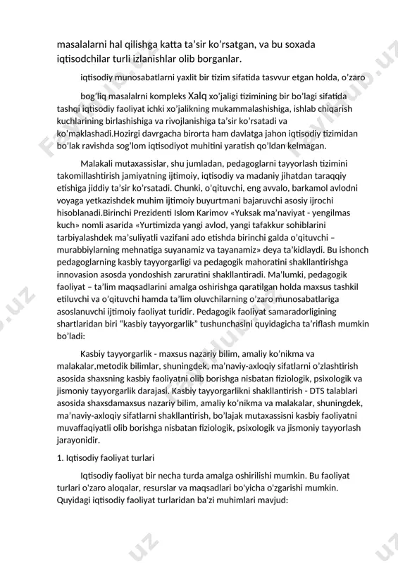 xizmat ko'rsatish - xizmat ko'rsatish faoliyati, iste'molchilarga xizmat taklif etishni o'z ichiga oladi. misol uchun, transport xizmatlari, bank xizmatlari, restoran xizmatlari va boshqalar. 5. moliya faoliyati - moliya institutlari, banklar, sug'urta kompaniyalari va boshqa moliya tashkilotlari orqali moliya faoliyati amalga oshiriladi. bu faoliyat turi, pul mablag'larini o'zgarishlarga mablag'lar, moliya xizmatlari va boshqalar kabi yordam berishni o'z ichiga oladi. 6. transport va lojistika - transport va lojistika faoliyati, tovarlarni o'zgarishlarga mablag'larini o'tkazishni o'z ichiga oladi. bu faoliyat turi, transport vositalari, logistika tashkilotlari, portlar va boshqa transport infrastrukturasi orqali sodir bo'ladi. 7. investitsiya - investitsiya faoliyati, moliyaviy resurslarni kapital sifatida o'zgartirishni o'z ichiga oladi. bu faoliyat turi, investitsiya fondlari, kapital bozori va boshqa moliyaviy institutlar orqali amalga oshirilishi mumkin. bu faoliyat turlari faqat uzgarishlarga o'zgarish bo'lishi mumkin. boshqa turli iqtisodiy faoliyat turlari ham mavjud bo'lishi mumkin, chunki iqtisodiy faoliyatning ko'p o'zaro aloqalar, resurslar va maqsadlari mavjud. inson ehtiyojlari turli-tuman bo’lib, ularni turli …