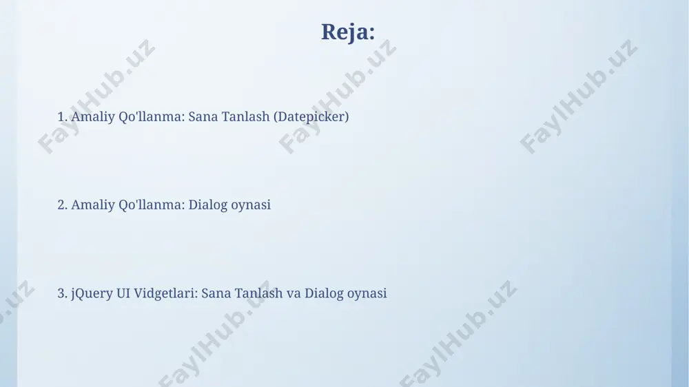 birga ishlatish mumkin. datepicker sozlamalari datepickerda sana formatini "dd-mm-yyyy" yoki "mm/dd/yy" kabi 20 dan ortiq turdagi formatlardan biriga o'zgartirish mumkin, bu esa foydalanuvchi interfeysining moslashuvchanligini oshiradi va xalqaro standartlarga mos keladi. datepicker'ga "beforeshowday" funksiyasi yordamida 5 dan ortiq bayramlar ro'yxatini qo'shish va ularni kalendar ichida ta'kidlash, shuningdek ma'lum kunlarni bloklash mumkin. dialog hodisalari `dialogopen` va `dialogclose` hodisalari yordamida dialog ochilganda va yopilganda tegishli animatsiyalarni (1000ms davom etadigan slayd effekti kabi) qo‘shishingiz mumkin, bu foydalanuvchi tajribasini yaxshilaydi. dialogning `buttons` opsiyasi yordamida 3 ta tugma (masalan, "ok", "bekor", "yopish") yaratib, ularga tegishli funksiyalarni (javascript kodlari) biriktirishingiz mumkin, bu foydalanuvchi uchun qulaylik yaratadi. xatoliklarni bartaraf etish dialog oynasini ochishda javascript xatoliklari konsolda `uncaught typeerror` yoki `uncaught referenceerror` kabi xabarlar ko'rinishi mumkin, bu getelementbyid() yoki jquery selektorlari noto'g'ri ishlatilganini bildirishi mumkin. datepicker yoki dialog elementlariga bir nechta (masalan, 2 ta yoki undan ko'p) id atributlari berish css yoki javascript to'qnashuvlariga olib keladi va widgetlarning …