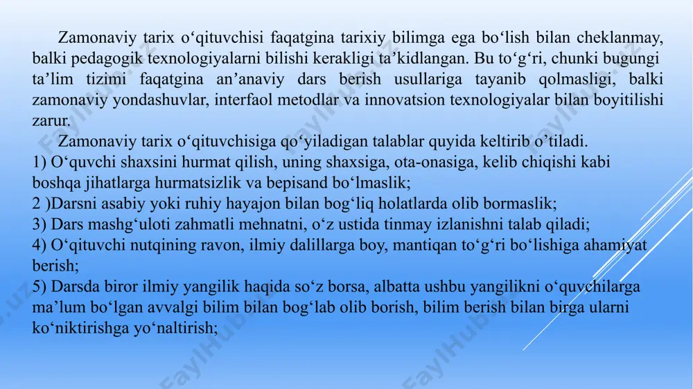 qator muammolar mavjud. bu muommolar shundan ibratki, bunda oʻqituvchlarning tarixni bir tomonlama yoritishi va mafkuralashtirishi koʻzga tashlanadi. baʼzan tarixiy voqealar bir tomonlama talqin qilinadi yoki rasmiy mafkura taʼsirida boʻladi. bu esa oʻquvchilarning mustaqil fikrlashiga toʻsqinlik qiladi. interfaol metodlar va zamonaviy texnologiyalarning yetarlicha qoʻllanmasligi, hali ham ayrim oʻqituvchilar anʼanaviy dars uslublaridan chiqmay, faqatgina maʼlumot berishga asoslangan yondashuvdan foydalanadi. natijada oʻquvchilar tarixiy jarayonlarni tahlil qilish oʻrniga, ularni yodlab olishga majbur boʻladi. shu oʻrinda aytib oʻtish kerak, oʻqituvchilarga oʻquv dasturlarining haddan tashqari ko’p yuklanganligi yaʼni darsliklardagi faktlarning koʻpligi tufayli oʻqituvchilarga tarixiy hodisalarni chuqur tahlil qilish uchun vaqt yetmaydi. ayni kunlarda maktab darsliklarining yangilanishidagi oʻzgarishlar natijasida muommolar yuzaga kelmoqda. yaʼni avvalgi oʻtilgan tarix darsliklari ixcham va oʻquvchining fikrlash doirasiga, yosh jihatidan kelib chiqib qiyinchilik tugʻdirmasdi. /docprops/thumbnail.jpeg