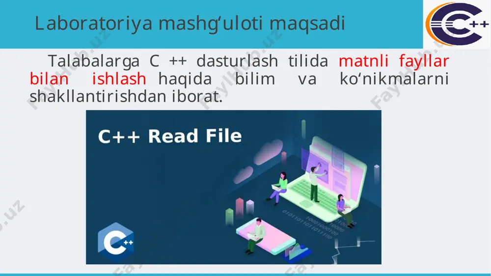 lish.close(); //system (“pause”); return 0; } natijalar laboratoriya ish bo‘yicha topshiriqlar: guruh.txt faylini hosil qiling va fayl ichiga dastur orqali guruh talabalari fio sini kiriting. sonlar.txt faylidan sonlarni o`qib oling va o`rta arifmetigini toping. guruh.txt faylini o`qib oling va guruhni ikkiga bo`lib ikkita faylga yozing. guruh.txt faylini o`qib oling va guruhni ikkiga bo`ling. birinchi guruh a harfidan boshlanadigan familiyalar bo’lsin. guruh.txt faylini o`qib oling. qizlar va yigitlarni alohida fayllarga yozing. e’tiboringiz uchun rahmat! image2.jpg image8.png image9.png image10.png image11.jpeg image12.png image3.jpg image13.png image14.jpeg image15.png image16.png image17.png image6.jpg image18.png /docprops/thumbnail.jpeg
