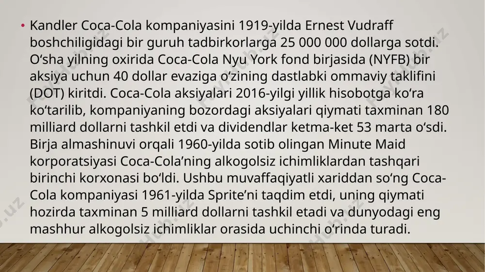 ting, va operatsion bo'limlar kabi bir qator bo'limlar mavjud. coca-cola kompaniyasining boshqaruv tizimi katta va ko'p qatlamli. asosan, uning boshqaruv organlari: boshqaruv komiteti (board of directors): korxonani boshqarish, strateji qarorlar qabul qilish va moliyaviy natijalarni hisobga oladi. raislik (ceo): korxona faoliyatini boshqarish va keng qo'shimcha boshqaruv vazifalarni o'z ichiga oladi. departamentlar va bo'limlar: marketing, moliyaviy hisob-kitob, ishlab chiqarish, xodimlar bilan bog'lanish, muhandislik va boshqalar. regional boshqaruv: yuqori darajadagi boshqaruv organlari, masalan, mamlakatlar, mintaqalar yoki filiallar uchun. bu tizim eng yirik korxona tizimlarida ko'p o'zgarib kelishi mumkin, ammo umumiy jarayon bundan iborat. coca-cola kompaniyasining xalqaro savdodagi o’rni. coca-cola kompaniyasi savdo sohasida eng katta shirkatlardan biri hisoblanadi. ular bir nechta turli ichimlik ichimliklar, shirinliklar va boshqa mahsulotlar ishlab chiqaradilar va dunyoning ko'plab mamlakatlarida savdo qilishadi. yangi bozorlar ochish, strategik sherikliklar va innovatsiyalar orqali, ular savdo sohasidagi o'rni ni saqlab qolishga harakat qilmoqdalar. coca-cola, ichimliklar sohasida dunyoda eng katta kompaniyalardan biri hisoblanadi. ularning …