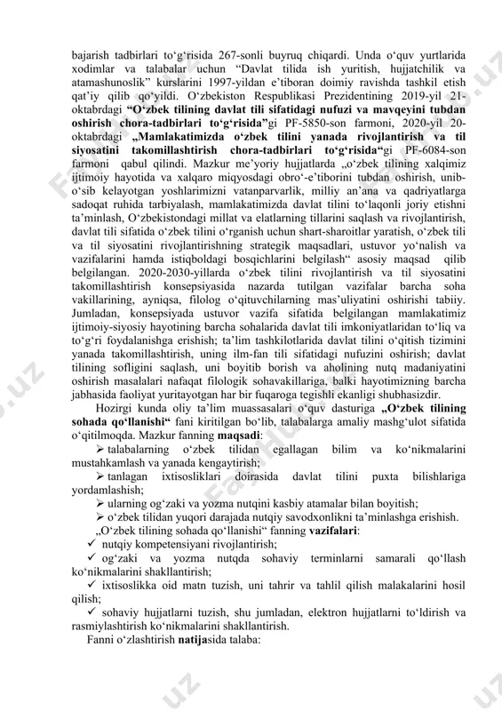 gina qonun qabul qilish bilan o‘zbek tilining mamlakat ichida va undan tashqaridagi obro‘-e’tibori, xalqaro mavqeyini tezdan tiklash qiyin edi. shuningdek, mazkur qonunda o‘zbek tili bilan bir qatorda rus tiliga ham millatlararo muomala tili sifatida bir talay imtiyozlar ham berilgan ediki, bu hol ham o‘zbek tilining davlat tili sifatida keng miqyosda qo‘llanishiga biroz bo‘lsa-da, soya tashlar edi. shuning uchun ham istiqlolga erishilgach, qonun qayta ishlanib, davr talabidan ortda qolayotgan moddalar yangilari bilan almashtirildi, mustaqil davlat hayotiga mos keluvchi yangi tahrirda 1995-yil 21-dekabrda qabul qilindi. avvalgi qonun 30 moddadan iborat bo‘lgan bo‘lsa, yangi tahrirdan so‘ng u 24 moddaga keltirildi. qonunning 1-moddasidayoq “o‘zbekiston respublikasining davlat tili o‘zbek tilidir” deyilgan. mazkur moddaning o‘ziyoq respublikamizda ish yuritish – hujjatlar bilan bog‘liq barcha ishlarning davlat tilida olib borilishi lozimligini talab etadi. o‘zbekiston respublikasi vazirlar mahkamasining 1996-yil 10-sentabrdagi 311-sonli qarori bilan “davlat tili haqida”gi o‘zbekiston respublikasi qonunining amalga oshirilishini ta’minlash davlat dasturi o‘zgartirish va qo‘shimchalar kiritilgan yangi …