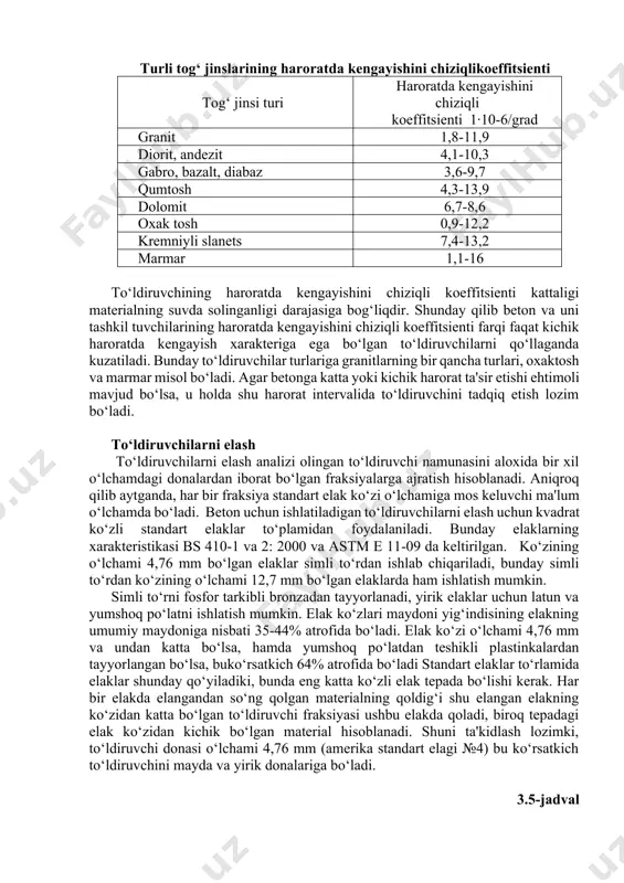 etonning nurashiga olib kelmasligi ham mumkin. agar to‘ldiruvchining haroratda kengayish koeffitsienti shu to‘ldiruvchi asosida tayyorlangan betonning haroratda kengayish koeffitsienti orasida farq 5,4·10-6/grad oralig‘ida bo‘lsa, vaqti vaqti bilan muzlash va erish sharoitida ishlaydigan betonning uzoq muddatga chidamliligiga salbiy ta'sir ko‘rsatadi. to‘ldiruvchining haroratda kengayish koeffitsienti ferbek va xass tomonidan mayda va yirik to‘ldiruvchilar uchun ishlab chiqilgan dilatometr yordamida aniqlash mumkin. to‘ldiruvchining haroratda kengayishini chiziqli koeffitsienti ishlatiladigan tog‘ jinsi turiga bog‘liqdir. eng ko‘p tarqalgan tog‘ jinslari uchun bu ko‘rsakich 0,9·10-6/grad dan 16·10-6/grad gacha diapazonda bo‘ladi, biroq to‘ldiruvchilarning ko‘p qismi uchun (5,4-12,6)·106/grad chegara oralig‘ida bo‘ladi. (3.4-jadval). portlandsement toshining haroratda kengayishini chiziqli koeffitsienti 10,8·10-6/grad dan 16,2·10-6/grad gacha diapazonda bo‘ladi,biroq alohida hollarda bu ko‘rsatkich 20,7·10-6/grad ham yetadi. 3.4-jadval turli tog‘ jinslarining haroratda kengayishini chiziqlikoeffitsienti tog‘ jinsi turi haroratda kengayishini chiziqli koeffitsienti 1·10-6/grad granit 1,8-11,9 diorit, andezit 4,1-10,3 gabro, bazalt, diabaz 3,6-9,7 qumtosh 4,3-13,9 dolomit 6,7-8,6 oxak tosh 0,9-12,2 kremniyli slanets 7,4-13,2 marmar 1,1-16 to‘ldiruvchining haroratda kengayishini …