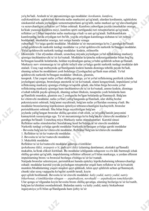 laming hayoti saqlab qolinadi. etimizol gipotalamus markazlariga ta’sir ko‘rsatib, gipofizdan aktg ajralishini oshiradi, aktg esa buyrak usti bezidan glyukokortikoidlar ajralishini kuchaytiradi, glyukokortikoidlar o‘z navbatida surfaktant hosil bo'lishini oshiradi. etiinizolni bo'lajak onaga tug‘ish davri oldidan hamda yangi tug'ilgan chaqaloqqa qo'llash mumkin. bromgeksin surfaktant hosil bo'lishini oshiradi, bo‘lajak onaga tug‘ish jarayonidan oldin qo'llanadi. euftuin chaqaloq tug‘ilishidan 24 soat oldin ona organizmiga yuboriladi.yirik qoramollaming o‘pkasidan yuqori darajada tozalangan tabiiy surfaktant — alveofakt olingan. modda surfaktant yetishmovchiligiga bogiiq nafas buzilganda yangi tug'ilgan chaqaloqlarda birinchi soatda intratraxeal qo'llaniladi. nafas analeptiklari nafasni yengillashtiradi, tezlashtiradi va chuqurlashtiradi, o'pkada havo almashinuvini yaxshilaydi. nafas analeptiklari nafas markazi qo'zg'aluvchanligi kamayib ketganda, narkotik, uxlatuvchi, analgetik moddalar, uglerod (l)-oksididan yengil zaharlanganda, narkozdan keyin o'pkada havo aylanishini oshirish uchun, chaqaloqlar asfiksiya bilan tug'ilganda, bolalardagi kollaptoid holatlarda qo'llanadi. ta’sir mexanizmiga qarab ular uch guruhga bo'linadi: 1.'bevosita nafas markaziga ta’sir etuvchi moddalar. 2. reflektor ta’sir etuvchi moddalar. 3: aralash ta’sir mexanizmga ega moddalar. bevosita nafas …