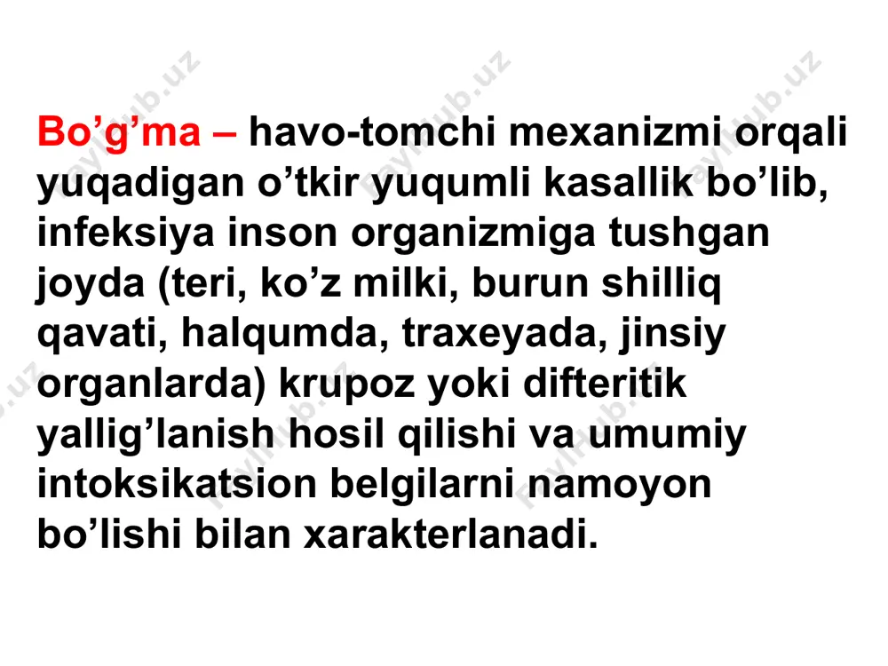 n shakli toksik shakli – 1-dar., 2-dar., 3-dar. gemorragik sindrom bilan kechuvchi gipertoksik 2. nafas yo’llari difteriyasi: lokal shakli (hiqildoq difteriyasi) tarqalgan shakli difteriya laringotraxeiti difteriya laringotraxeobronxiti 3. burun difteriyasi 4. ko’z difteriyasi 5. teri va jinsiy organlar difteriyasi klinikasi difteriyaning yashirin davri 2-10 kun. patologo-anatomik jarayon-ning joylashishiga qarab, burun, tomoq, kekirdak yuqori nafas yo’li, ko’z, quloq, teri, jinsiy organlar difteriyasi farqlanadi. 90-95% hollarda kuzatiladi. quyidagi klinik shakllari kuzatiladi o’choqli formasi: difteriya plenkasi faqat bodom bezi ustida bo’ladi o’choqli shakli: plyonkali, orolchasimon, kataral turlari farqlanadi tarqalgan formasi: bunda difteriya plyonkasi bodom bezlaridan tashqariga – yumshoq tanglayga, tilchaga tarqaladi toksik formasi: bu juda og’ir formasi hisoblanadi subtoksik toksik i, ii, iii darajada gipertoksik formada gemorragiya sindromi bilan kechadi. tomoq difteriyasi tomoq difteriyasi orolchasimon shakli – orolchali, fibrinozli, qattiq yopishgan plyonkalar difteriyaning lokal shakli difteriyaning lokal shakli plyonkali shakli – kul rang-oq fibrinozli plyonka butun murtak bezning yuzasiga tarqalgan tomoq (og’iz-halqum) difteriyasi …