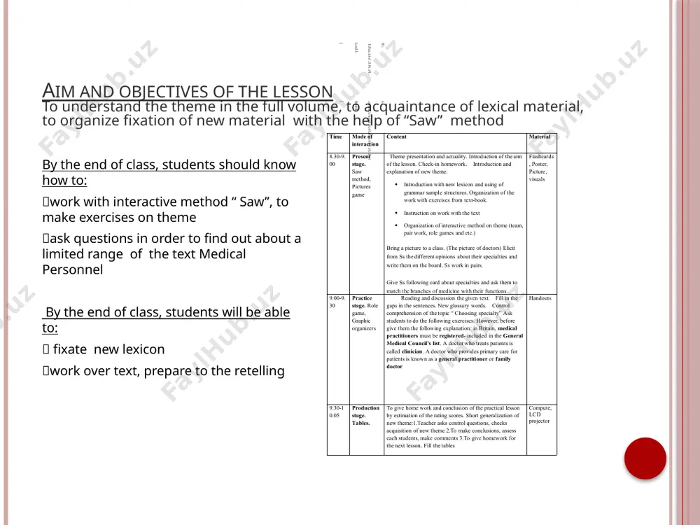 introduction of the aim of the lesson. check-in homework. introduction and explanation of new theme:introduction with new lexicon and using of grammar sample structures. organization of the work with exercises from text-book.instruction on work with the textorganization of interactive method on theme (team, pair work, role games and etc.)demonstration of multimedia programs white board, marker, board, flipchart 9.00-9.30 practice stage. role game, graphic organizers reading and discussion the given text. fill in the gaps in the sentences. new glossary words. control comprehension of the topic “at the institute” compute,lcd projector 9.30-10.05 production stage. pair and team work. debates. to give home work and conclusion of the practical lesson by estimation of the rating scores. short generalization of new theme:1.teacher asks control questions, checks acquisition of new theme 2.to make conclusions, assess each students, make comments 3.to give homework for the next lesson handouts handout 1.read and translate in britain, medical …