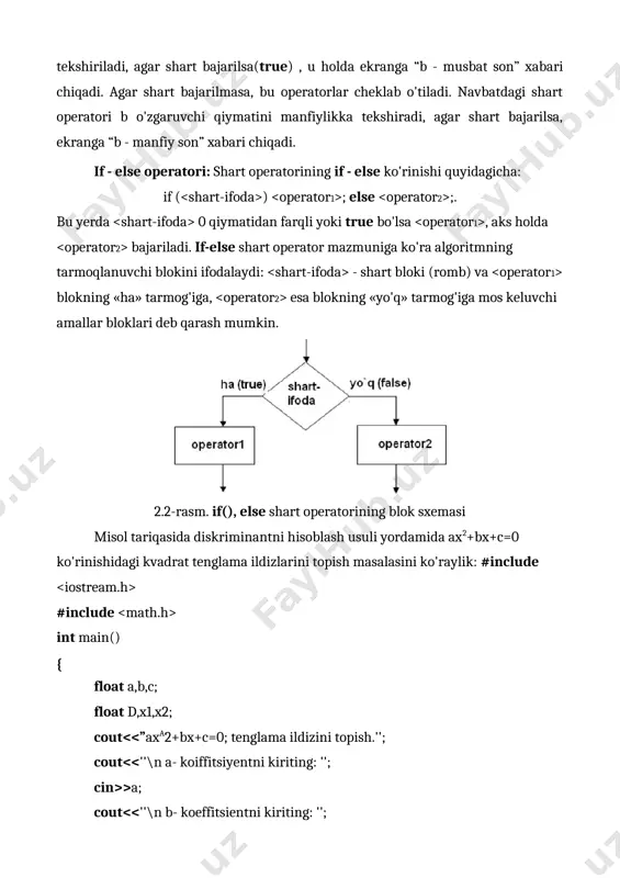 eturn 0; } dastur ishorasiz butun son kiritishni taklif qiladi. agar kiritilgan son 4 xonali bo'lmasa (n 9999), bu haqda xabar beriladi va dastur o'z ishini tugatadi. aks holda n sonining raqamlari ajratib olinadi, hamda boshidagi ikkita raqamning yig'indisi - (a3+a2) qolgan ikkita raqamlar yig'indisi - (a1+a0) bilan solishtiriladi va ularning teng yoki yo'qligiga qarab mos javob chop qilinadi. ?: shart amali: c++ tilida “?” amali ham aniqlangan bo'lib tekshirilayotgan shart nisbatan sodda bo'lsa, shart amalining > ko'rinishini ishlatish mumkin: ? : ; shart amali if shart operatoriga o'xshash holda ishlaydi: agar 0 qiymatidan farqli yoki true bo'lsa, , aks holda bajariladi. odatda ifodalar qiymatlari birorta o'zgaruvchiga o'zlashtiriladi. misol tariqasida ikkita butun son maksimumini topish ko'raylik. #include int main() { int a,b,c; cout >a; cout >b; c=a>b?a:b; cout int main() { int a,b; cout >a; cout >b; c=a>b ? a : b; cout b) ?a:b; return 0; 2. tanlash operatori …
