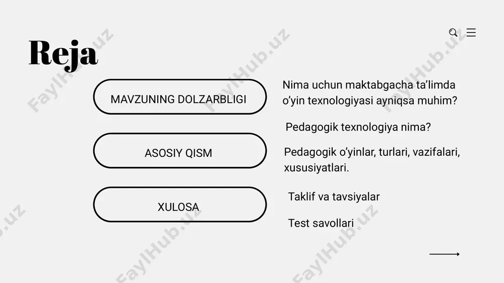 iy qismi bo‘lib, o‘quv materiallari, metodlar, usullar, texnologiyalar yoki faoliyat shakllari bo‘lishi mumkin. o‘yinlarning o‘quv jarayonidagi o‘rni va ahamiyati, shuningdek, o‘yin va ta’lim elementlarini uyg‘unlashtirish darajasi ko‘p jihatdan pedagogning pedagogik o‘yinlarning funksiyalari va tasnifini qanchalik tushunishiga bog‘liq. asosiy qism asosiy qism pedagogik o’yinlar faoliyat turi harakatli intellektual ijtimoiy psixologik pedagogik jarayon ta’lim beruvchi tarbiyalovchi ijodiy kommunikativ tashxis metodika predmetli syujetli-rolli qoidali mazmuni musiqiy matematik mantiqiy jihozlar stol ustida kompyuter sahna asosiy qism har qanday o’yin quyidagi vazifalarni bajaradi: maftunkorlik; kommunikativlik; o'z imkoniyatlarini amalga oshirish; tashxis; muloqot; ijtimoiylashuvlik. atama #3 tashxis (diagnostik) pedagogik o‘yinlari - bolaning bilim, ko‘nikma va malakalarini aniqlash, rivojlanish darajasini baholashga xizmat qiluvchi o‘yinlar asosiy qism o’yinlarning asosiy xususiyatlari erkin rivojlantiruvchi faoliyat ijodiy xarakter emotsional ta’sir qoidalar tizimi s.a. shmakov atama #4 ijodiylik - mustaqil fikrlashi, yangi g‘oyalar yaratishi va muammolarni kreativ yondashuv bilan hal qilish ko‘nikmalarini rivojlantirish atama #5 interfaol usul – bilim berish bir tomonlama emas, …