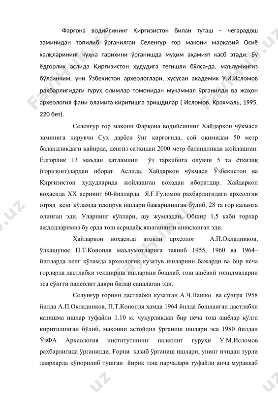 в, ўлкашунос п.т.конопля маълумотларига таяниб 1955, 1960 ва 1964– йилларда кенг кўламда археологик кузатув ишларини бажарди ва бир неча ғорларда дастлабки текшириш ишларини бошлаб, тош ашёвий топилмаларни эса сўнгги палеолит даври билан саналаган эди. селунғур ғорини дастлабки кузатган а.ч.пашко ва сўнгра 1958 йилда а.п.окладников, п.т.конопля ҳамда 1964 йилда бошланган дастлабки қазишма ишлар туфайли 1.10 м. чуқурликдан бир неча тош ашёлар қўлга киритилинган бўлиб, маконни астойдил ўрганиш ишлари эса 1980 йилдан ўзфа археология институтининг палеолит гуруҳи у.м.исломов раҳбарлигида ўрганилди. ғорни қазиб ўрганиш ишлари, унинг ичидан турли даврларда қўпорилиб тушган йирик тош парчалари туфайли анча мураккаб кечган. маъдан қатламлардан турли тош ашёлар, жумладан, тош ўзаклари улардан ажратиб олинган ҳар хил парчалар, меҳнат қуролларидан эса йирик тарздаги кирғичлар, қўл чўқмори, чоппер ва чоппинглар, кливерлар, бифаслар топилган. тошни қайта ишлаш ва улардан турмуш аслаҳаларини яратишда макон эгалари тишли кертув технологиясидан фойдаланган экан. селунғур ғори кишиларнинг замондош ов объектлари бўлган жайрон, бўри, айиқ, тулки, ғор …