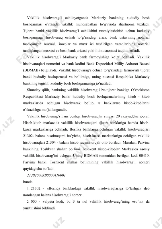 lans hisob raqami orqali olib boriladi. masalan: parvina bankining toshkent shahar bo’limi toshkent hisob-kitoblar markazida asosiy vakillik hisobvarag’ini ochgan. uning bdmab tomonidan berilgan kodi 00410. parvina banki toshkent shahar bo’limining vakillik hisobvarag’i nomeri quyidagicha bo’ladi. 21302000k00000410001 bunda: 1. 21302 - «boshqa banklardagi vakillik hisobvaraqlariga to’lashga» deb nomlangan balans hisobvarag’i nomeri. 2. 000 - valyuta kodi, bu 3 ta nol vakillik hisobvarag’ining «so’m» da yuritilishini bildiradi. 3. k - nazorat kaliti 4. 00000410 - bankning unikal kodi. parvina banki bo’limining toshkent shahar kodi 00410 lekin har bir hisob varakda unikal kod uchun 8 ta raqam ajratilgani sababli, bu kod nollar bilan to’ldiriladi. 5. 001 - ushbu bank hisobvarag’ining tartib nomeri yuqorida ko’rsatilgan vakillik hisobvarag’i hisob-kitoblar markazida yuritilib hkm uchun passiv hisobvaraqlardir. mablag’larning kelib tushishi va hisobvarag’ qoldig’i hisobvaraqining kredit qismida, mablag’larning kamayishi esa uning debet qismida aks ettiriladi. barcha to’lovlar vakillik hisobvarag’i qoldigi chegarasida amalga oshiriladi. har bir bankning o’zi ham …