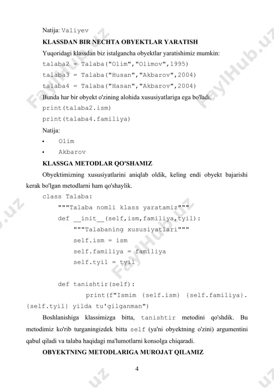 = talaba("alijon","valiyev",2000) print(talaba1.get_fullname()) natija: alijon valiyev argument qabul qiluvchi metodlar yuqoridagi misolimizda barcha metodlar faqatgina self parametrini qabul qilishayapti. aslida, barcha funksiyalar kabi, klass ichidagi obyektlarni ham boshqa argumentlar qabul qiladigan qilib yozish mumkin. class talaba: """talaba nomli klass yaratamiz""" def __init__(self,ism,familiya,tyil): """talabaning xususiyatlari""" self.ism = ism self.familiya = familiya self.tyil = tyil def get_name(self): """talabaning ismini qaytaradi""" return self.ism def get_lastname(self): """talabaning familiyasini qaytaradi""" return self.familiya def get_fullname(self): """talabaning ism-familiyasini qaytaradi""" return f"{self.ism} {self.familiya}" def get_age(self,yil): """talabaning yoshini qaytaradi""" return yil-self.tyil def tanishtir(self): print(f"ismim {self.ism} {self.familiya}. {self.tyil} yilda tu'gilganman") yuqorida klassimizga yangi get_age(self,yil) metodini qo'shdik. bu metod obyektning o'zidan tashqari, qo'shimcha, yil argumentini ham qabul qiladi va talabaning yoshini qaytaradi. talaba1 = talaba("alijon","valiyev",2000) print(talaba1.get_age(2021)) natija: 21 pass operatori pythonda hech qanday vazifani bajarmaydigan pass operatori mavjud. bu operatordan bo'sh metodlar yaratishda foydalanish mumkin. misol uchun siz klassingiz uchun muhim metodlarni bilasiz, lekin metod badani hali tayyor emas. agar metod …