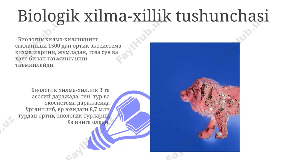 g k/t yo'q bo'lib ketishidan keyingi adaptiv radiatsiyasi 65 million yil avval boshlanib, tur xilma-xilligining sezilarli o'sishini keltirib chiqargan. ko'payish usullari va xilma-xillik polipoidiya hodisasi, xromosomalar sonining ikki yoki undan ko'p marta ko'payishi natijasida, o'simliklarda yangi turlar yuzaga kelishiga olib keladi va xilma-xillikni 20% ga oshirishi mumkin. ko'payishning jinsiy usuli genetik rekombinatsiya orqali 10⁹ dan ortiq turli xil gametalar hosil bo'lishiga olib keladi, bu esa populyatsiyadagi genetik xilma-xillikni sezilarli darajada oshiradi. mutatsiyalar va rekombinatsiyalar 01 02 mutatsiyalar va rekombinatsiyalar birgalikda genetik dreyf va tabiiy tanlanish kabi evolyutsion mexanizmlarga asos bo'lib, biologik xilma-xillikning paydo bo'lishini ta'minlaydi. sales 1st qtr 2nd qtr 100 0 sales 1st qtr 2nd qtr 100 0 tabiiy seleksiya va xilma-xillik adaptiv radiatsiya orqali, bitta ajdod turdan 10 dan ortiq yangi turlar paydo bo'lishi mumkin, bu esa biologik xilma-xillikning keskin oshishiga olib keladi. populyatsiyada 5% dan kam bo'lgan foydali allellar tabiiy seleksiya orqali tez yoyilib, xilma-xillikni oshirishi mumkin, …