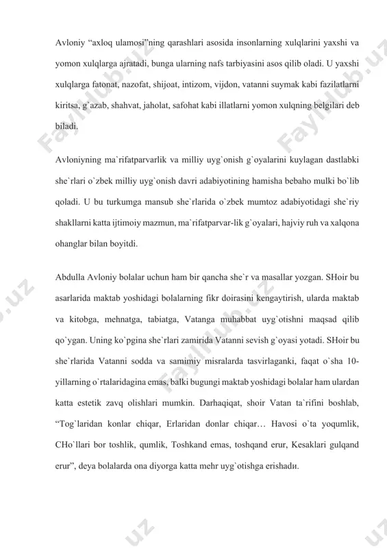 bulbul”, “fig`oni bulbul” kabi she`rlar bor. bular ham aksariyat xollarda gul (ma`shuqa) ishqida yonib o`rtanayotgan oshiq emas, ko`p o`rinlardа mazlum turkistonga qarata: “uy-g`on!”-deb bong urayotgan lirik shoir obrazini ifodalaydi. qo`nub gul shohiga bulbul der: эy insonlar, insonlar! qilursiz tobakay g`ofil yotib, afg`onlar, insonlar. (“sadoyi bulbul” she`ridan) kecha-kunduz qafasda, oq gul, deb aylayur faryod, omon bermas anga zolim qafas, ozor o`lur bulbul. (“hijroni bulbul” she`ridan) abdulla avloniyning “muxtasar tarixi anbiyo va tarixi islom” asari ham mavjud. ushbu asar boshlang`iч maktablarning o`quvchilariga mo`ljallangan. bu asar birinchi marta 1910 yilda munavvarqori tomonidan toshkentda il’in bosmaxonasida bosilgan. mustaqillik yillarida esa zokirxon afzalov shokirxon o`g`li tomonidan 1994 yilda “fan” nashriyotida chop etilgan. risolada odam alayhissa-lomdan muhammad alayhissalomgacha o`tgan payg`ambarlarning qissalari va zuhuri islom zikr etilgan. islom tarixi fanida payg`ambarlar tarixi, payg`am-barimiz muhammad alayhissalomning hayotlari va islom dini tarixi, shuningdek, ilk xalifalik davri tarixi uch bosqichda o`rganiladi. nasiruddin rabg`uziyning “qissayi rabg`uziy”, alisher navoiyning “tarixi anbiyo va …