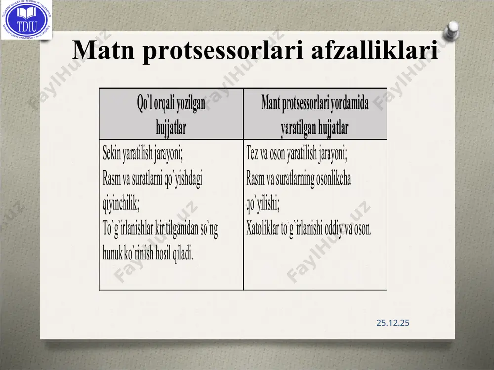 bir nechta buyruqlarni birlashtirish uchun masalan, ma'lum kattalikdagi va chеgaralardan hamda aniq sondagi satrlar va ustunlardan iborat jadval tuzishda; muloqot oynalari parametrlariga kirishni soddalashtirish uchun; masalalardagi ketma-ket kelgan murakkab xarakatlarni avtomatlashtirish uchun. sahifa titullari smartart tarkibi * retsenzirivat menyusi. yozuvlarni to’g’ri yozish, himoya qo’yish, tarjima qilish kabi vazifalarni bajaradi. * hujjatga himoya qo’yish. * ssilki menyusi ko’rinishi. * nazorat savollari microsoft word dasturi ishchi oynasi vаzifаlаrini аytib bеring. asosiy menyu qatoriga nimаlаr kiradi? microsoft word dasturida makroslar bilan ishlash qanday amalga oshiriladi? smart art, word art vаzifаlаrini аytib bеring. qanday matn muxarriri turlari mavjud аytib bеring. giperbog`lanish qanday amalga oshirishni tushintirib bеring. word аdpda hujjatdagi so`zni qidirib, o`zgartirish vazifasi qanday amalga oshiriladi? hujjatni chop etish qanday amalga oshiriladi? * * * qo`l orqali yozilgan hujjatlar mant protsessorlari yordamida yaratilgan hujjatlar sekin yaratilish jarayoni; rasm va suratlarni qo`yishdagi qiyinchilik; to`g`irlanishlar kiritilganidan so`ng hunuk ko`rinish hosil qiladi. tez va oson yaratilish jarayoni; …