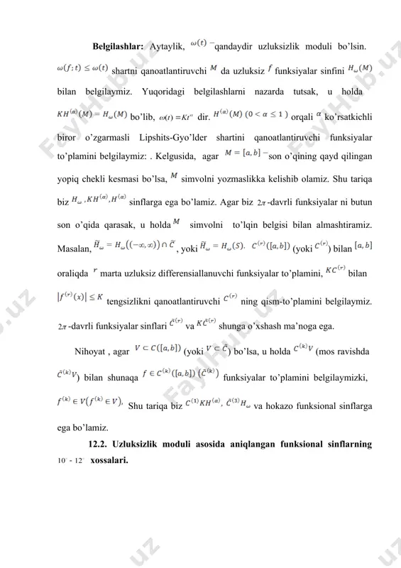 li quyidagi xossa isbot qilinadi. agar fazo kompakt bo`lsa, u holda ixtiyoriy uchun embed equation.3 munosabatlar o`rinli bo`ladi. (isbotlang) . masala. ravshanki, fuksiya absolyut uzliksizdir. bo`lganda sinfning absolyut uzluksiz bo`lmagan funksiyalarni saqlashi isbotlansin. yangi mavzuni mustahkamlash (10 minut): talabalar bilan mavzu yuzasidan savol-javob o’tkazish, oson yechiladigan misollar so’rash, tushunilmagan tasdiq, teorema va formulalarni qayta izohlash va misollar asosida tushuntirish. uy vazifasini berish va baholash (5 minut): mavzuni o’qish va konspekt qilish, tayanch iboralarni yodlash hamda ma’nosini tushunish, muammoli topshiriqlarga mustaqil javob berishni tayinlash. dars davomida faol qatnashgan talabalarni ta’kidlash va yanada faolroq bo’lishga chorlash. qo’yilgan ballarni e’lon qilish. 1. adabiyotlar 2. г.е. шилов . математический анализ. конечномерые линейные пространства . м. из-во, “ наука” , 1969. 432 стр. 3. в.к.дзядык. введение в теорию равномерного приближения функций полиномами. м. из-во, “наука “ , 1977. 512 стр. 4. н.и.ахиезер. лекции по теории аппроксимации. м., 1965. 408 бет. 5. н.п.корнейчук. о наилучшем приближении …