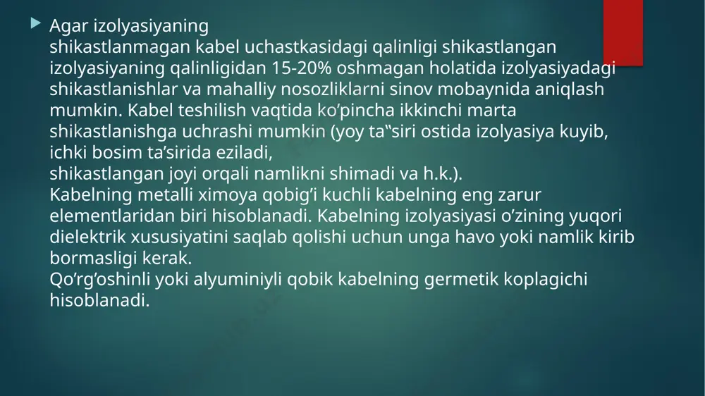 .. kabel texnikasi asoslari. ukuv kullanma, toshkent, tdtu, 2000. 4. kamalov sh.m., axmedov o.sh. elektrotexnikamateriallari.texnika oliy ukuv yurtlari uchun ukuv kullanma. t.: «ukituvchi» nashriyoti, 1994. 5. panteleev e.g. monta»: i remont kabelnix liniy. spravochnik elektromontajnika. 2-e izd. per. m.: energoatomizdat, 1990 image6.jpg image2.png image3.png image4.png image5.png /docprops/thumbnail.jpeg