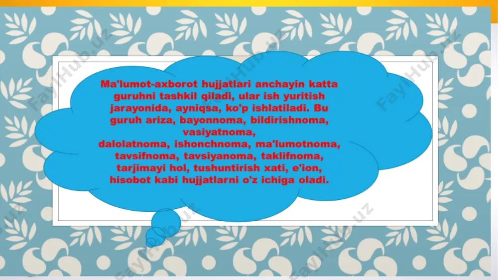 lis davomida qabul qilingan qarorlardan ko'chirmalar rasmiylashtiriladi. buyruqdan ko'chirmada bo'lganidek, bayonnomadan ko'chirma ham imzo bilan tasdiqlanadi. . bayonnomadan ko'chirma quyidagi asosiy qismlardan iborat: 1. tashkilot nomi. 2. hujjat nomi (bayonnomadan ko'chirma). 3. sana (majlis o'tkazilgan sana). 4. shartli raqam. 5. bayonnoma tuzilgan joy. 6. matn: a) kun tartibi; b) eshitildi; d) qaror qilindi. 7. imzolar. 8. nusxa tasdiqlanganligi haqida belgi (muhr bilan) ba'zan bayonnomadan ko'chirmalarda yig'ilishda qatnashuvchilarning familiyasi yoki soni, shuningdek, ko'rilgan masala bo'yicha muhokamada ishtirok etganlar familiyasi ham ko'rsatib o'tiladi. bildirishnoma, bildirish, bildirgi muayyan muassasa (tarkibiy qism) rahbariga xizmat faoliyati bilan aloqador muhim masalalar yuzasidan yoki yuqori idora, mansabdor shaxsga biron-bir voqea va hodisa haqida xabar berish zarurati tug'ilganda taqdim etiladigan mufassal yozma axborot. bildirishnoma kimga yo’nalganligiga qarab 2turga bo’linadi ichki bildirishnoma rahbar shaxs yoki bo'iim mudiri nomiga yoziladi. u toza qog'oz varag'iga qo'lda, kompyuterda yoki elektron shaklda yozilishi mumkin. bunday bildirishnomalar muallif tomonidan imzolanad tashqi bildirishnoma, ya'ni rahbar …
