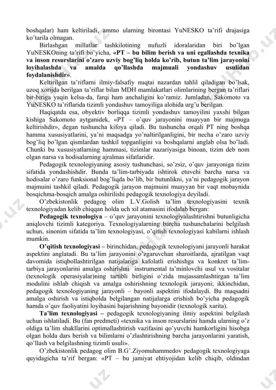 a ishlov berishning yagona jarayonini hosil qiluvchi texnologik operatsiyalarning yig’indisi. texnologik operatsiya – ishchi tomonidan o’zining ish joyida bajariladigan, yakuniga yetkazilgan harakat ko’rinishidagi jarayonning bir qismi. texnologik xarita – ma’lum bir mahsulotni ishlab chiqarish texnologik operatsiyalarning ketma-ketligini bayon qiluvchi texnik hujjat. texnologik reja – texnologik operatsiyalarni amalga oshirishni belgilovchi tartib bo’lib, ma’lum bir mahsulotni ishlab chiqarishda bajariladigan operatsiyalarning vaqti, shartlarini belgilaydi. ushbu tushunchalarni o’quv jarayoniga ko’chiradigan bo’lsak, o’qituvchi (pedagog)ning o’qitish vositalari yordamida tahsil oluvchilarga muayyan sharoitlarda ko’rsatgan tizimli ta’siri natijasida ularda jamiyat uchun zarur bo’lgan va oldindan belgilangan ijtimoiy sifatlarni intensiv tarzda shakllantiruvchi ijtimoiy hodisa deb ta’riflash mumkin. ta’riflar nazariyasi bo’yicha bunday ijtimoiy hodisani pedagogik texnologiya desa bo’ladi (b. ziyomuhammedov). 2. pedagogik texnologiyaga xorijiy va o’zbek olimlari tomonidan berilgan ta’riflar. mustaqillikka erishgach o’zbekiston olimlari xorijiy mamlakatlar bilan iqtisodiy, ijtimoiy, siyosiy va ilmiy-ma’rifiy aloqalar o’rnata boshladilar. natijada yurtimizga ilg’or va samarali texnologiyalar kirib kela boshladi. keyingi yillarda o’zbekistonda pedagogik texnologiyani o’rganish …