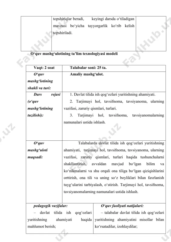 burnoma”, sadriddin ayniyning “esdaliklar”, muso toshmuhammad o‘g‘li oybekning “bolalik”, abdulla qahhorning “o‘tmishdan ertaklar”, nazir safarovning “ko‘rgan-kechirganlarim” kabi biografik-memuar asarlarini misol qilib keltirish mumkin. shuningdek, umumta’lim maktablarning o‘quv qo‘llanmalari, darsliklari, majmualari uchun taniqli shoirlar, yozuvchilar tomonidan taqdim etilgan tarjimayi hollarni ham bu hujjatning badiiy turiga kiritish mumkin. tarjimayi holning qat’iy bir andozasi belgilanmagan. tarjimayi hol talabga ko‘ra to‘liq yoki qisqacha tarzda yozilishi mumkin. shunga qaramasdan tarjimayi holda qayd etilishi lozim bo‘lgan shunday ma’lumotlar borki, o‘z tarjimayi holini yozayotgan har bir kishi ulardan xabardor bo‘lishi kerak. quyidagilarni tarjimayi holning zaruriy qismlariga kiritish mumkin: · hujjat nomi – tarjimayi hol. · shaxs hayoti va ish faoliyatini qamrab oluvchi matn: – shaxsning familiyasi, ismi, otasining ismi; – uning tug‘ilgan yili, kuni, oyi va manzili; – ijtimoiy kelib chiqishi, milliati; – ota-onasi, aka-ukasi, opa-singlisi (ularning familiyasi, ismi, tug‘ilgan yili, ma’lumoti, ish joyi, lavozimi); – o‘zining ma’lumoti (o‘qigan maktabi, o‘quv yurti, tahsil olgan yillari, mutaxassisligi); – …