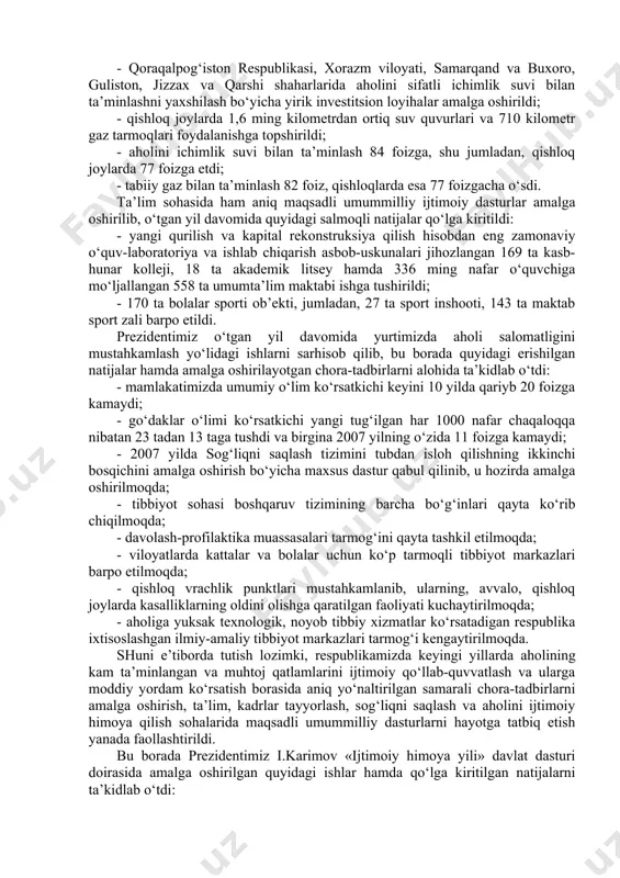 ehqon xo‘jaliklarida qoramol boquvchi sifatida ro‘yxatga olingan fuqarolarning umumiy soni 1 million 100 mingdan ko‘proqni tashkil etdi. shulardan 54 ming kishiga yangi mehnat daftarchasi berildi, 111 ming fuqaroning esa mavjud mehnat daftarchasiga ish staji tegishli tartibda qayd etildi»[footnoteref:2]. [2: каримов и.а. жаҳон молиявий-иқтисодий инқирози, ўзбекистон шароитида уни бартараф этишнинг йўллари ва чоралари. – т.: ўзбекистон, 2009, 27-б.] yalpi ijtimoiy himoyalash tizimidan ishonchli ijtimoiy kafolatlar va aholini ijtimoiy qo‘llab-quvvatlash tizimiga izchillik bilan o‘tish – ijtimoiy siyosatni amalga oshirishga, ijtimoiy himoya vositasini kuchaytirishda sifat jihatdan yangi bosqich boshlashini bildiradi. yangilangan ijtimoiy siyosat adolat tamoyillariga izchillik bilan rioya qilishga asoslanib, ijtimoiy ko‘maklashishning mavjud usullarini va pul bilan ta’minlash manbalarini tubdan o‘zgartirishni taqozo qiladi. bu siyosat ijtimoiy himoya aniq maqsadi va aholining aniq tabaqalarini qamrab olishni ko‘zda tutadi. yordam tizimi faqat kam ta’minlangan va mehnatga layoqatsiz fuqarolarga nisbatan qo‘llanilib, shu maqsad uchun davlat manbalari bilan bir qatorda mehnat jamoalari, turli tashkilot hamda jamg‘armalarning mablag‘laridan …