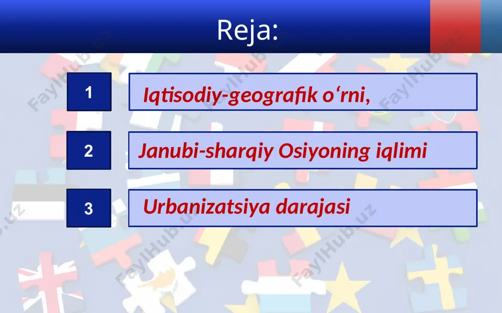 ning yava oroli indoneziyaning yava oroli aholisi urbanizatsiya darajasi o‘rtacha 54,6 % ga teng. ushbu ko‘rsatkich singapurda 100 % ni tashkil etadi. nisbatan yuqori darajadagi urbanizatsiya darajasi bruney (76,1 %), malayziya (73,0 %) davlatlariga xos. image2.jpg image3.jpeg image4.jpeg image5.jpeg image6.gif image7.jpeg image8.jpeg image9.jpeg image10.jpeg image11.jpeg image12.jpeg image13.jpeg image14.jpeg image15.jpeg image16.jpeg image17.jpeg image18.jpeg image19.jpeg image20.jpeg image21.jpeg image22.jpeg image23.jpeg image24.jpeg image25.jpeg image26.jpeg image27.jpeg image28.jpeg image1.jpg