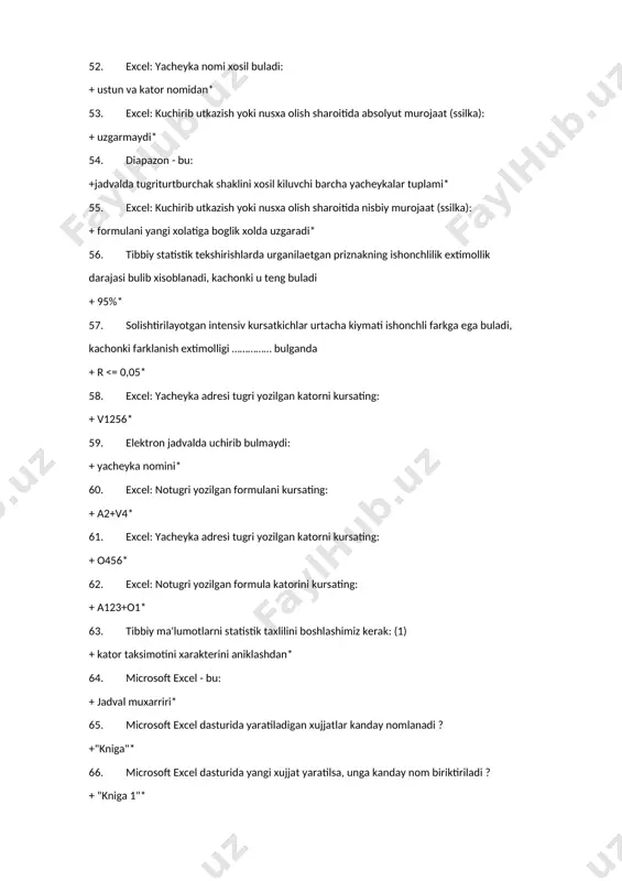 +qisqa so'z va jumlalardan foydalanish +suzlar, gaplar va iboralar kiska mazmunda bulishi kerak +slayd sarlavhasi auditoriyani o'ziga jalb etishi kerak 230. axborotlarni taqdim etishda axbortlarni joylashishiga kuyiladigan talablar: +axbortlar gorizontal holatda joylashgani ma'qul +eng muhim axborot ekran markazida joylashishi kerak +agar slaydda rasm keltirilgan bo'lsa yozuv rasm tagida bo'lishi kerak 231. p.point: "pravka" menyusiga taalukli buyruklarni tanlang: +"povtorit` vvod"* +"pereyti"* +"vstavit` kak giperssilku"* 232. p.point: "pravka" menyusiga taalukli buyruklarni tanlang: + "spetsial`naya vstavka"* + "udalit` slayd"* + "dublirovat`"* 233. p.point: "vid" menyusiga taalukli buyruklarni tanlang: +"pokaz slaydov"* +"obichniy"* +"sortirovshik slaydov"* 234. p.point: "vstavka" menyusiga taalukli buyruklarni tanlang: + "nomer slayda"* + "sozdat` slayd"* + "dublirovat` slayd"* 235. p.point: slayd yaratishda kullaniladigan maketlarni kursating: +teksta* +soderjimogo* +teksta i soderjimogo* 236. p.point: slayd dizayni uchun kullaniladi: +shabloni oformleniya* +svetovie sxemi* +effekti animatsii* 237. takrorlash buyrugini umumiy kurinishini tanlang: +toki shart bulsa +buyruk +tamom 238. kuyidagi ifodani y=(8x+1)/10 xisoblash ketma-ketligini tanlang: +x ga …