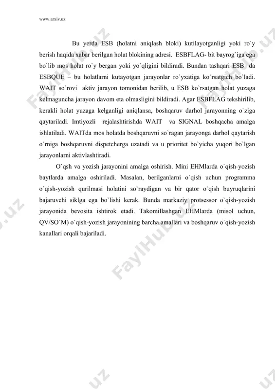 ini (0-yo`q) aniqlaydi. qolgan bitlarda bu hodisani kutayotgan jarayonlarga ko`rsatgich joylashadi. kutayotgan jarayonlar bo`lmasa ko`rsatgich 0 bo`ladi. o`qish-yozish amaliga doir murakkabroq misol quyidagi rasmda keltirilgan. bu holda 4096 bayt yozuvni 22 qurilmadan 14 qurilmaga nusxa olish programmasi keltirilgan. unda ikkita kanal programmasi bo`lib, ularning biri o`qish uchun ikkinchisi yozish uchun va ikkita hodisa holati bloki ishlatiladi. p2 start 0 loop lda #0 sta rdesb lda #read 22 qurilmaga o`qish uchun so`rov lds #2 ldt #rdesb o`qish tugashini kutish svc 2 lda #wresb svc 0 ……. yozish ketma-ketligini tashkil qilish lda #0 sta wresb lda #write 14 qurilmaga yozish uchun so`rov lds #1 ldt #wresb svc 2 j loop o`qish uchun kanal programmasi 1-буйруқ read byte x`12` read, byte x`100` word bufin 2-буйруқ byte x`000 000 000 000` ёзиш учун канал программаси 1-буйруқ write byte x`24` byte x`1000` word bufout 2-буйруқ byte x`000 000 000 000` rdesb byte x`000 000` wresb …