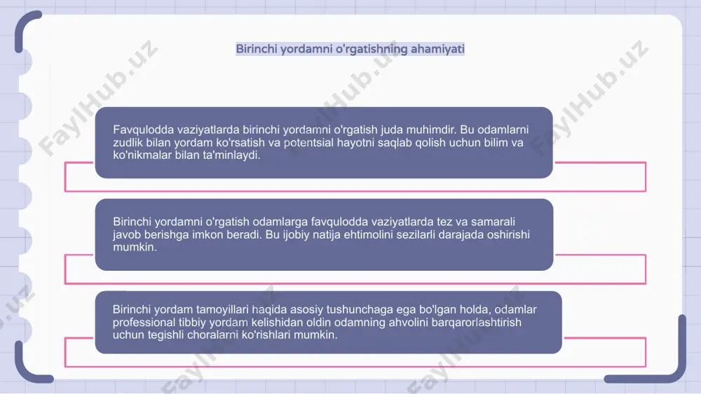 g. yurak xuruji va qon tomirlari uchun birinchi yordam yurak xuruji paytida darhol harakat qilish juda muhimdir. favqulodda vaziyatlar xizmatiga qo'ng'iroq qiling, qattiq kiyimni echib oling va odamga qulay holatda dam olishga yordam bering. agar odam hushidan ketsa, darhol yurak massajini boshlang. ko'krak qafasini daqiqada 100-120 tezlikda siqish tibbiy yordam kelgunga qadar qon oqimini saqlab turishga yordam beradi. insult holatida fast qisqartmasini eslab qoling: yuzning cho'kishi, qo'llarning zaifligi, nutqning qiyinligi, tez yordam chaqirish vaqti. shoshilinch tibbiy yordam to'plamini tayyorlash shoshilinch tibbiy yordam to'plamini tayyorlashda bandajlar, yopishqoq lenta va antiseptik salfetkalar kabi muhim narsalarni kiritish kerak. bundan tashqari, to'plamda qaychi, bir marta ishlatiladigan qo'lqop va birinchi yordam qo'llanmasi bo'lishi tavsiya etiladi. birinchi yordam to'plamidagi narsalarning yaroqlilik muddatini muntazam tekshirib turishni va muddati o'tgan yoki ishlatilgan narsalarni almashtirishni unutmang. e'tiboringiz uchun rahmat