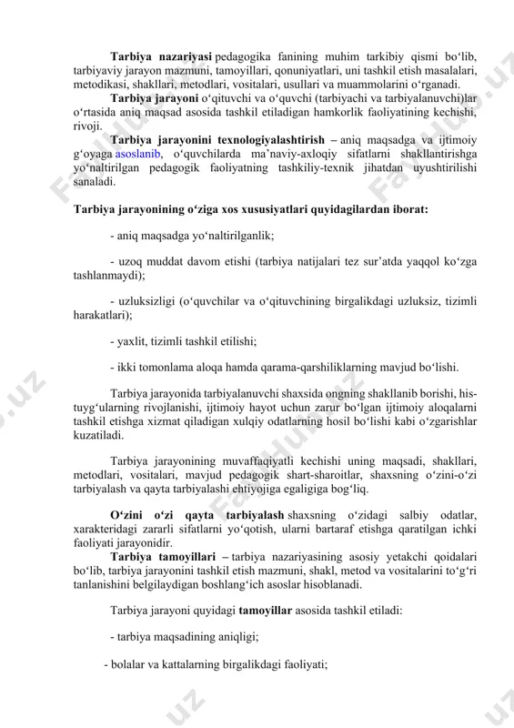va tor ma’nodagi tarbiya farqlanadi. tarbiya – muayyan, aniq maqsad va ijtimoiy tajriba asosida yosh avlodni har tomonlama oʻstirish, uning ongi, xulq-atvori, dunyoqarashini tarkib toptirish jarayoni. keng ma’noda tarbiya shaxsga jamiyatning ta’sir etishi, ijtimoiy hodisa sifatida qaraladi. mazkur holatda tarbiya ijtimoiylashtirish bilan uygʻunlashadi. tor ma’nodagi tarbiya deganda, pedagogik jarayon sharoitida ta’lim maqsadini amalga oshirish uchun pedagog va tarbiyalanuvchilarning maxsus tashkil etilgan faoliyati tushuniladi. ushbu holatda pedagoglarning tarbiyaviy faoliyati tarbiyaviy ish deb ataladi. tarbiya nazariyasi pedagogika fanining muhim tarkibiy qismi boʻlib, tarbiyaviy jarayon mazmuni, tamoyillari, qonuniyatlari, uni tashkil etish masalalari, metodikasi, shakllari, metodlari, vositalari, usullari va muammolarini oʻrganadi. tarbiya jarayoni oʻqituvchi va oʻquvchi (tarbiyachi va tarbiyalanuvchi)lar oʻrtasida aniq maqsad asosida tashkil etiladigan hamkorlik faoliyatining kechishi, rivoji. tarbiya jarayonini texnologiyalashtirish – aniq maqsadga va ijtimoiy gʻoyaga asoslanib, oʻquvchilarda ma’naviy-axloqiy sifatlarni shakllantirishga yoʻnaltirilgan pedagogik faoliyatning tashkiliy-texnik jihatdan uyushtirilishi sanaladi. tarbiya jarayonining oʻziga xos xususiyatlari quyidagilardan iborat: - aniq maqsadga yoʻnaltirilganlik; - uzoq muddat …
