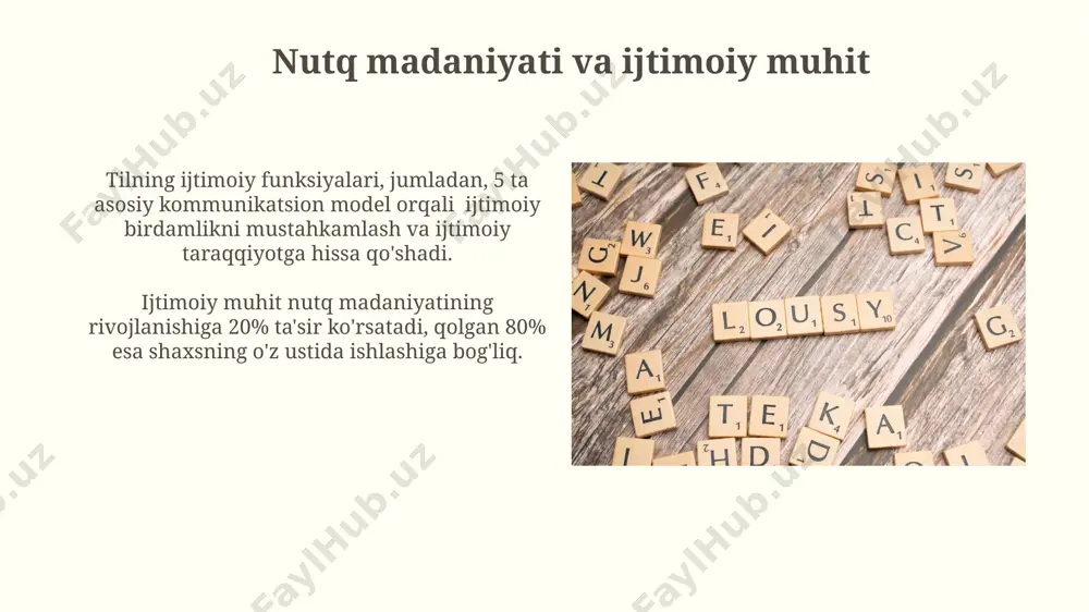 tiv funksiyasi kommunikativ til funksiyasining samaradorligi 70% dan ortiq ogʻzaki aloqaga, 20% ga tana tiliga va 10% ga yozma aloqaga bogʻliq boʻlib, bu efektiv muloqot uchun muhim omil hisoblanadi. tilning kommunikativ funksiyasi insonlararo munosabatlarni 3 asosiy usulda – ogʻzaki, yozma va vizual vositalar orqali oʻrnatadi va rivojlantiradi, bu esa jamiyatning ijtimoiy tuzilmasini shakllantiradi. ta'limda nutq va tilning ahamiyati pedagogik adabiyotlarda tilni o'rgatish metodikasi bo'yicha 3 ta asosiy yondashuv (kommunikativ, kognitiv, funktsional) mavjud bo'lib, ularning har biri o'quv jarayoniga turlicha yondashadi. ta'limda ona tili orqali 5-7 yoshgacha bo'lgan bolalarda nutq apparati rivojlanishi, leksik zahiralarining boyitilishi va grammatik tuzilmalarning o'zlashtirilishi muhim ahamiyat kasb etadi. e'tiboringiz uchun rahmat @taqdimot_robot image2.jpg image3.jpg image4.jpg image5.jpg image6.jpg image7.jpg image8.jpg image9.jpg image10.jpg image11.jpg image12.jpg image13.jpg
