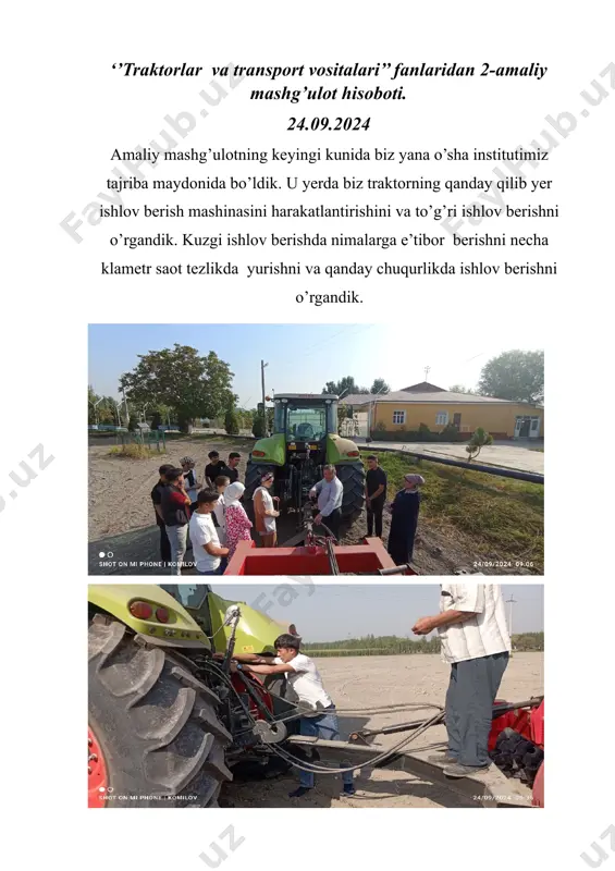 “johon deere” rusumli paxta terish mashinasi bilan tanishdik .case mashinasi tergan paxtalarni bunkirga to’plab ketsa, johon deere esa rulon yani o’rama qilib ketishiga guvoh bo’ldik. bularning ikkisi ham olti qatorni bir o’tishda terishga moslashgan.bu mashinalarda terilayotgan paxtaning sifatiga zarar yetmaydi.ish samaradorligi oshish bilan birgalikda ishchi kuchi sariflanmayda va bu iqtisodiy samaradorlikka olib keladi. “traktor va transport vositalari” fanlaridan 5-amaliy mashg’ulot hisoboti. 15.10.2024 amaliy mashg’ulotlar joylarya borib nazariy bilimlarni amaliyotda qo’llagan holda biz bus afar oltinko’l tumanida joylashgan andijon texmash qo’shma korxonasida bolib o’tdi. bu yerda belarus respublikasidan keltirilgan o’g’itlash mashinalarini qayta yig’ish jarayoni bilan yaqindan tanishdik. yana shuni takidlash lozimki bu yerda maxsus qoliblar yordamida o’zlari ham ayrim soxalarini tayyaorlayotganiga guvox bo’ldik.e’tibor berishimiz zarur bo’lgan jixati biz foydalanayotgan cultivatordan farq qiluvchi ayrim sohalarga duch keldik.buyerada ishchilarga yaratilgan sharoitlar ham ko’zni quvontirgudek edi. “traktor va transport vositalari” fanlaridan 6-amaliy mashg’ulot hisoboti. 22.10.2024 yurtimizda olib borilayotgan isloxotlar o’z natijasini bermoqda yani dual …