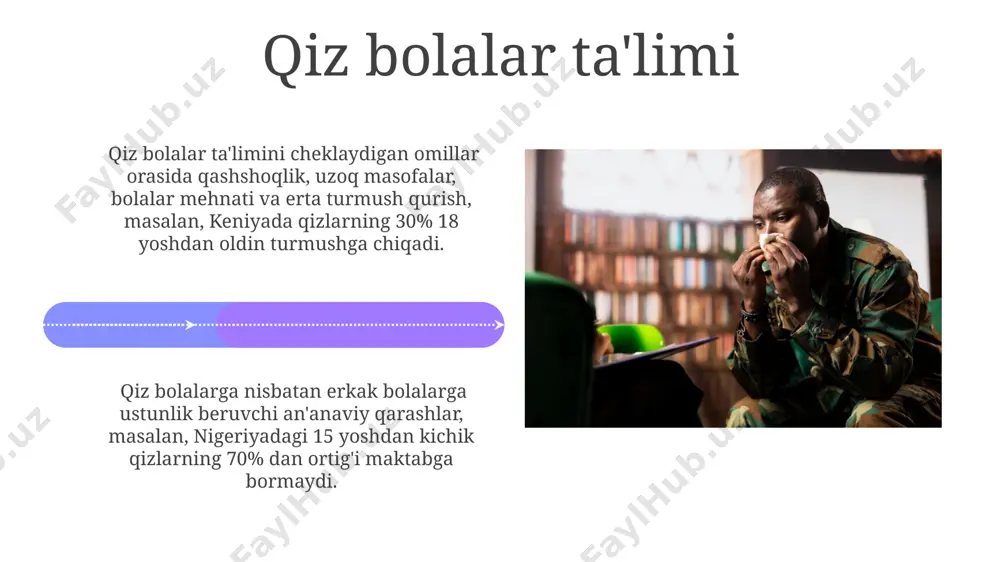 umligi tufayli o'quvchiga to'g'ri keladigan o'qituvchilar soni 1:40 nisbatida bo'lib, ta'lim samaradorligini sezilarli darajada pasaytiradi. ta'lim resurslarining yetishmasligi keniyaning qishloq hududlaridagi 70% maktablarda zarur oʻquv qoʻllanmalari, jumladan, darsliklar va texnologiyalar yetishmaydi, bu esa oʻquv jarayonining samaradorligini pasaytiradi. nigeriyada maktablarning 40%ida suv va sanitariya-gigiena sharoitlari yetarli emas, bu esa oʻquvchilarning sogʻligʻiga salbiy ta’sir koʻrsatib, ularning darslarga muntazam qatnashishiga toʻsqinlik qiladi. oliy ta'lim muammolari oʻzbekistonning ayrim hududlarida, masalan, qoraqalpogʻiston respublikasida, oliy ta'lim muassasalariga kirish imkoniyati atigi 15% ni tashkil etadi, bu esa hududiy tengsizlikni ko'rsatadi. oliy ta'lim tizimida zamonaviy texnologiyalar, xususan, 5g internet tarmogʻi va sun'iy intellekt vositalaridan foydalanish darajasi past, bu esa ta'lim sifatiga salbiy ta'sir ko'rsatadi. afrika mamlakatlarida ta'limning asosiy muammolari o'rta maktabni tugatgan o'quvchilarning atigi 10 foizi oliygohlarga kirish imkoniyatiga ega, bu esa malakali mutaxassislar yetishmasligiga olib keladi, masalan, janubiy afrikada bu muammo juda dolzarb. kongo demokratik respublikasida 10 million dan ortiq bolalar maktabga bormaydi, bu esa ta'lim sifati …