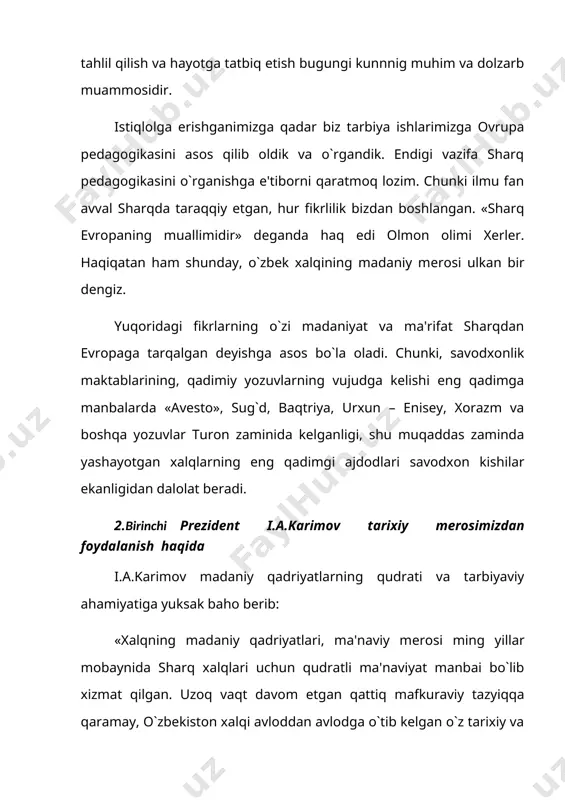 driyatlarning bir qismidir. shu bilan birga unutmasligimiz kerakki, biz qurayotgan yangi jamiyat «binosi» uchun birinchi galda milliy qadriyatlar ustun bo`lmog`i lozim. biz, eng avvalo, milliy o`zligimizni anglamog`imiz, o`z tafakkurimizni kashf etmog`imiz lozim. o`tmishimizda unutilgan shunday ulkan sarchashmalar borki, ularni puxta, atroflicha o`rganmoq birinchi galdagi vazifadir 3.«maorif va pedagogika tarixi»ni davrlashtirish muammolari vii-xii asrlar davomida markaziy osiyoda madaniyat, ilm-fan beqiyos rivojlana bordi. ayniqsa, aniq fanlarga qiziqish kеskin orta boshladi. o`sha tarixiy davrda al – xorazmiy, forobiy, al – farg`oniy, al – beuniy, ibn sino, az – zamaxshariy singari qomusiy olimlar dunyoga keldi. ular bilan yonma-yon dunyoviy ilmlar tug`ildi. o`sha ulug` mutafakkirlar inson ma'naviy va tafakkur dunyosini boyitishda, insoniyat ongini, madaniy – ma'rifiy qarashlarni o`stirishda o`z davrida va keyinchalik ham asosiy rol o`ynadilar, inson kamolotiga doir beqiyos ta'limotni yaratdilar. xv – xvi asrlarga kelib qadimiy turkiston jahonga qozizoda rumiy, ulug`bek, ali qushchi, haydar xorazmiy, hofiz xorazmiy, lutfiy, a.navoiy, bobur, abulg`oziy bahodirxon singari …